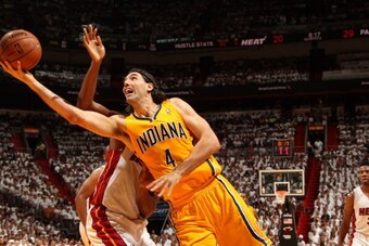 MIAMI, FL - May 24: Luis Scola #4 of the Indiana Pacers takes a shot against the Miami Heat in Game Three of the Eastern Conference Finals during the 2014 NBA playoffs at the American Airlines Arena in Miami, Florida on May 24, 2014. NOTE TO USER: User ex