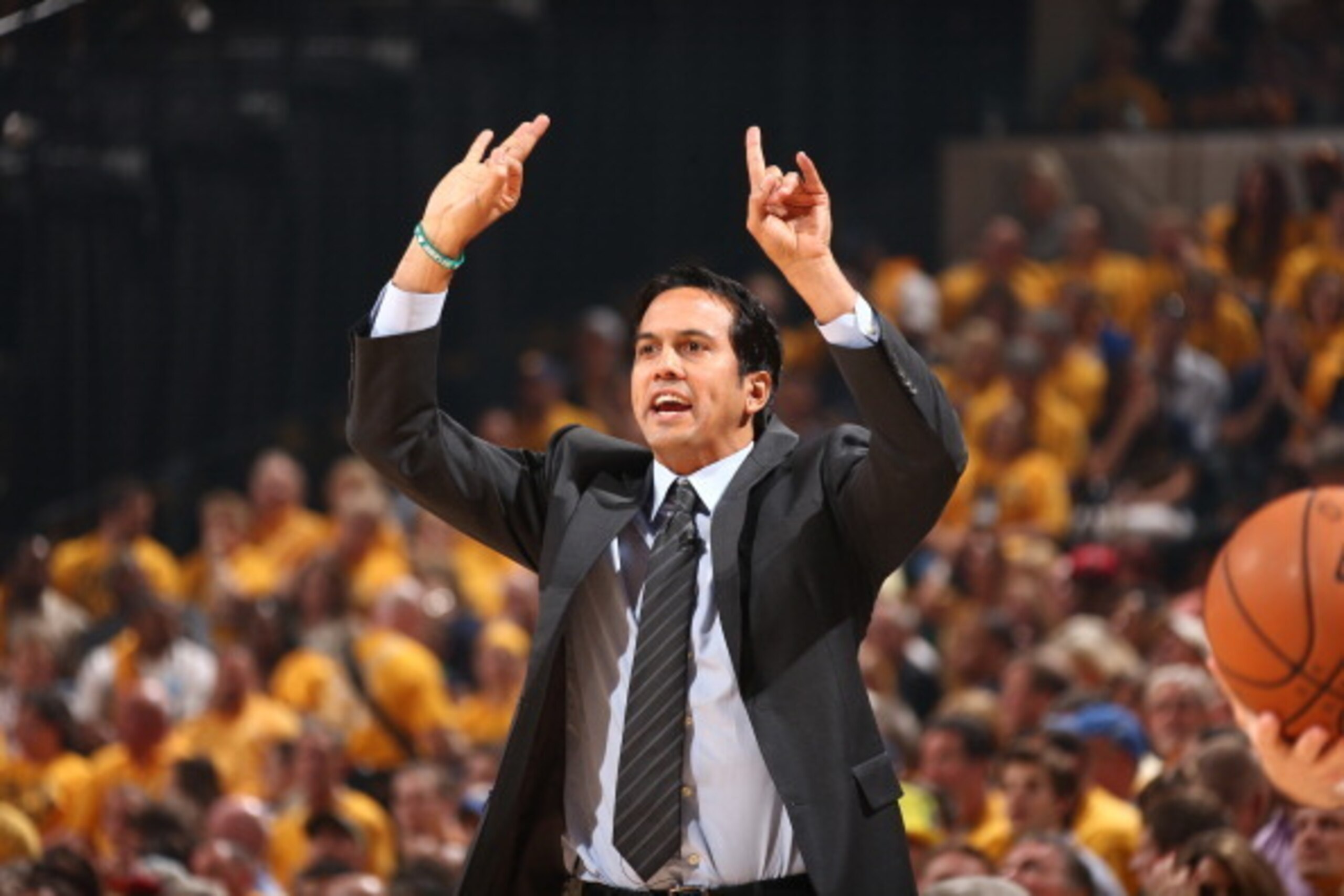 INDIANAPOLIS, IND - MAY 20:   Erik Spoelstra of the Miami Heat coaches against the Indiana Pacers in Game Two of the Eastern Conference Finals during the 2014 NBA Playoffs at Bankers Life Fieldhouse on May 20, 2014 in Indianapolis, Indiana. NOTE TO USER: 