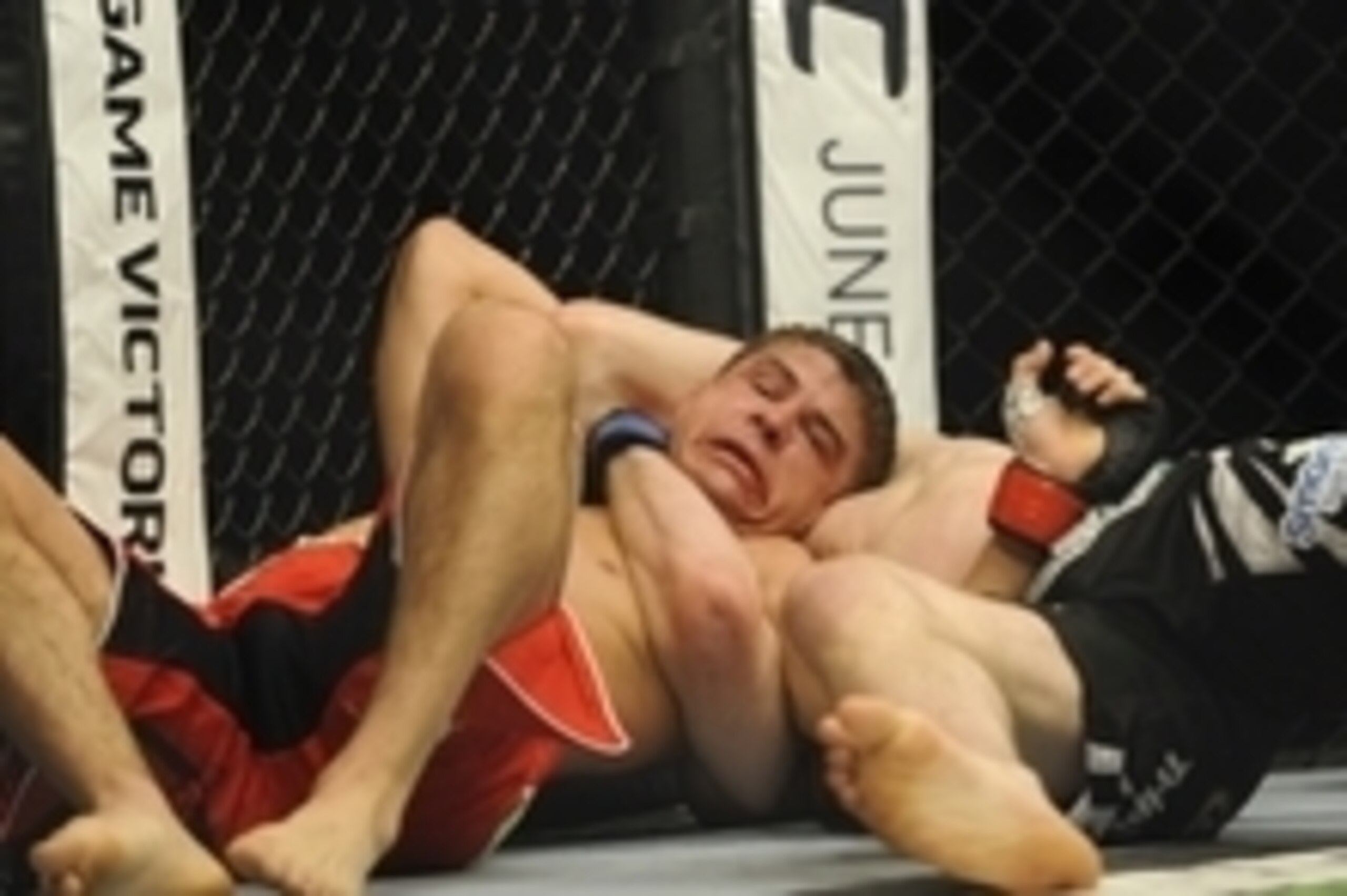 May 24, 2014; Las Vegas, NV, USA; Al Laquinta (red) struggles in a choke hold from his opponent Mitch Clarke (blue) during their UFC 173 lightweight bout at MGM Grand Garden Arena. Clarke won his bout by submission. Mandatory Credit: Stephen R. Sylvanie-U