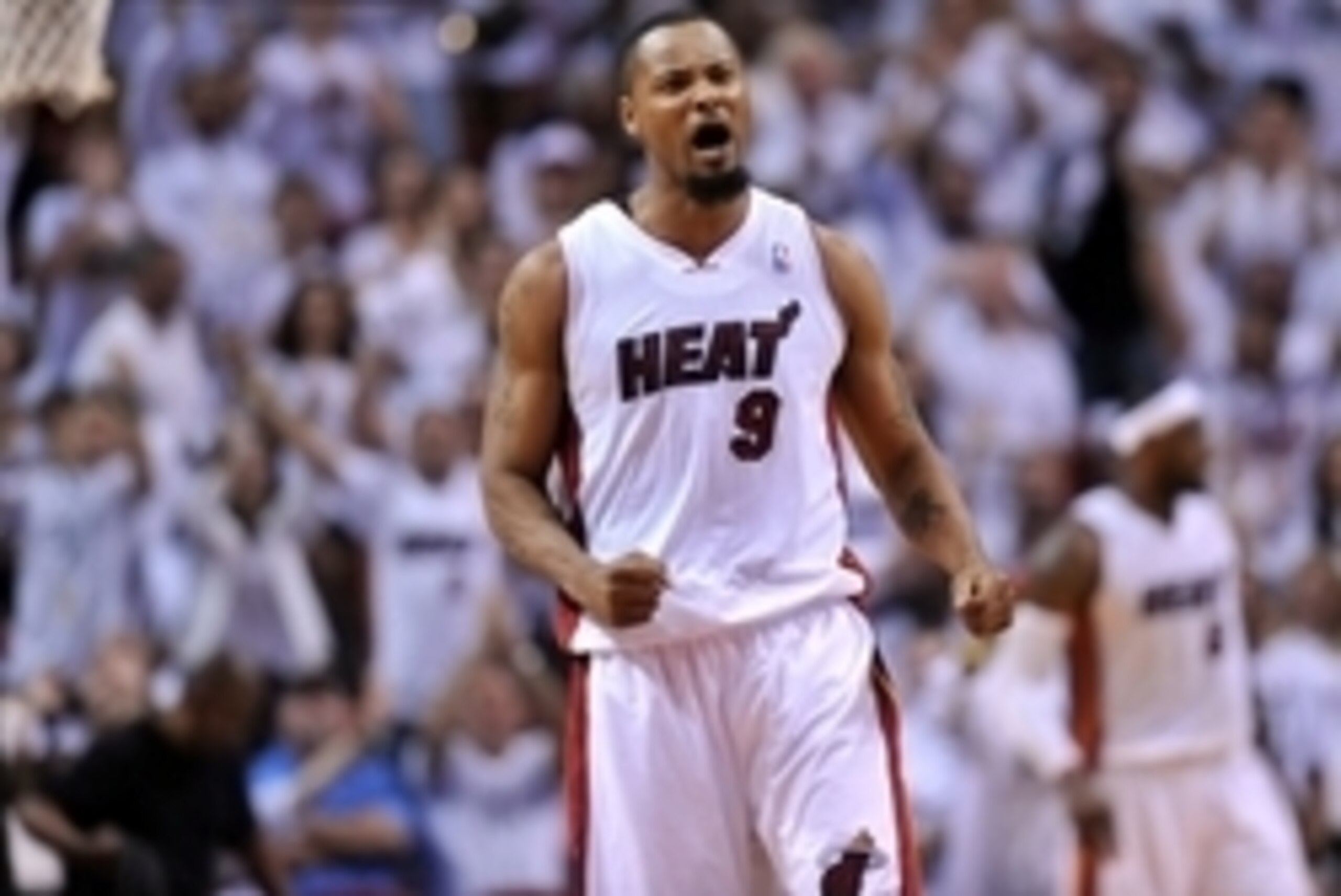 May 24, 2014; Miami, FL, USA; Miami Heat forward Rashard Lewis (9) reacts against the Indiana Pacers in game three of the Eastern Conference Finals of the 2014 NBA Playoffs at American Airlines Arena. Mandatory Credit: Steve Mitchell-USA TODAY Sports
