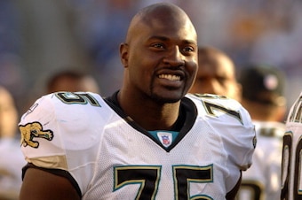 Marcellus Wiley #75 smiles after the Jaguars victory. The Jacksonville Jaguars beat the Tennessee Titans 31-28 on November 20, 2005. (Photo by Joe Murphy/NFLPhotoLibrary)
