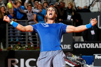 ROME, ITALY - MAY 16:  Rafael Nadal of Spain celebrates defeating Andy Murray of Great Britain during day six of the Internazionali BNL d'Italia tennis 2014 on May 16, 2014 in Rome, Italy.  (Photo by Julian Finney/Getty Images)