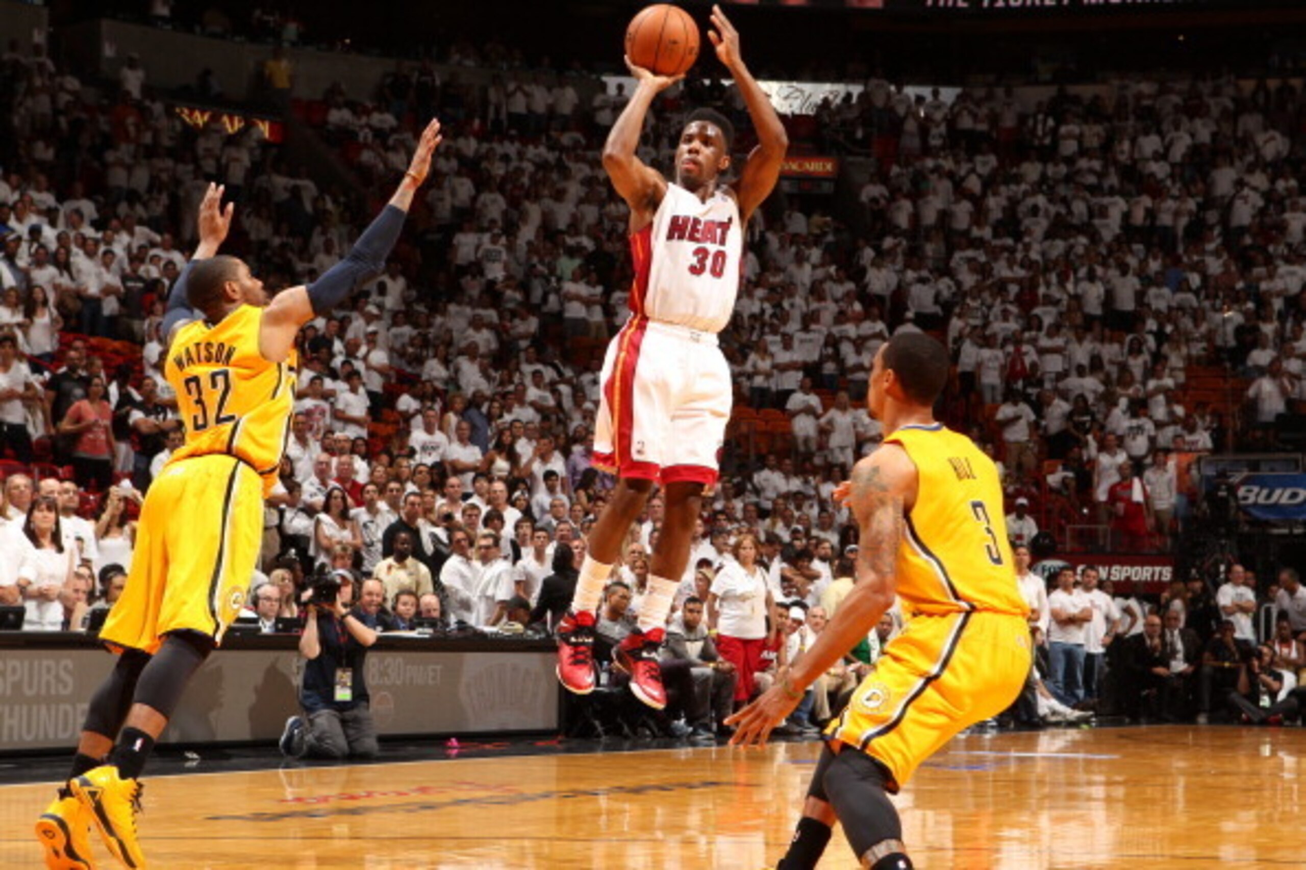 MIAMI, FL - May 24: Norris Cole #30 of the Miami Heat takes a shot against the Indiana Pacers in Game Three of the Eastern Conference Finals during the 2014 NBA playoffs at the American Airlines Arena in Miami, Florida on May 24, 2014. NOTE TO USER: User 