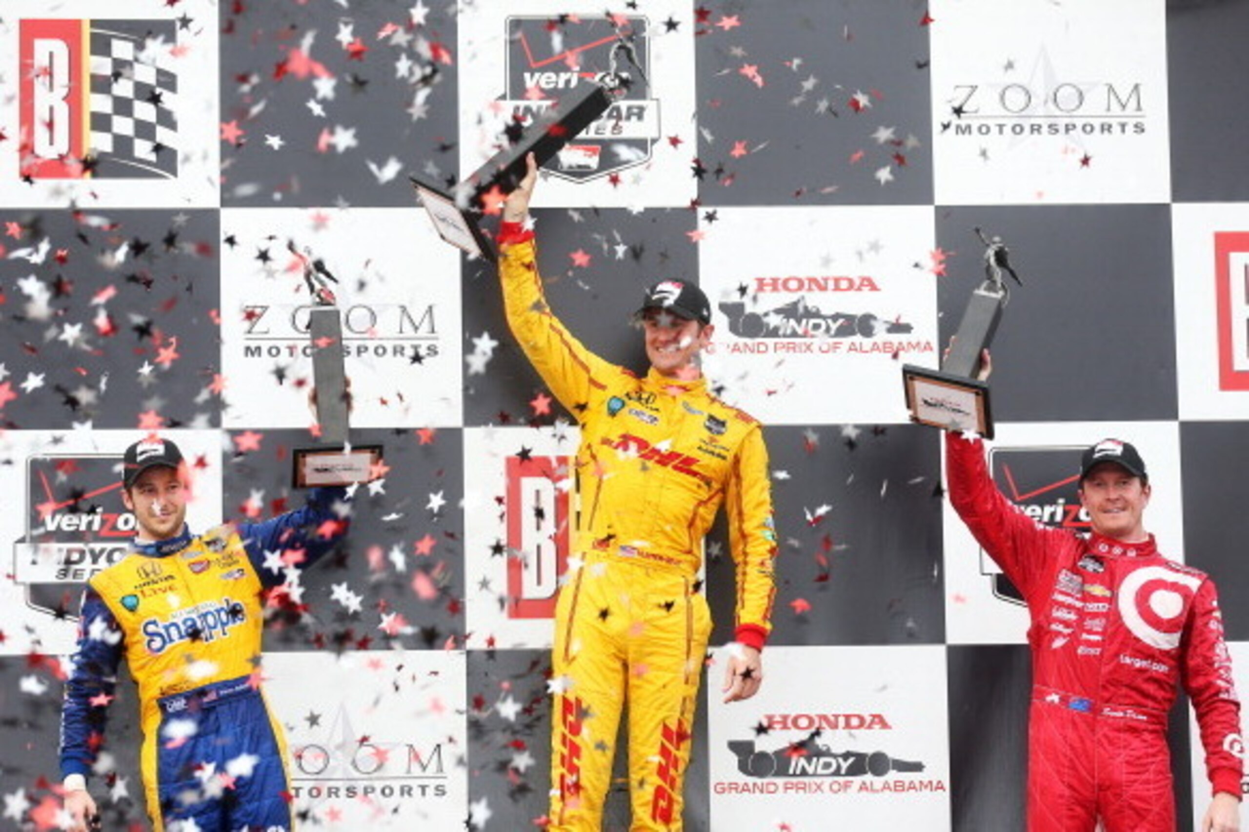 BIRMINGHAM, AL - APRIL 27:  (L-R) Second place Marco Andretti, driver of the #25 Andretti Autosport Dallara Honda, winner Ryan Hunter-Reay driver of the #28 Andretti Autosport Dallara Honda and third place Scott Dixon of New Zealand, driver of the #9 Targ