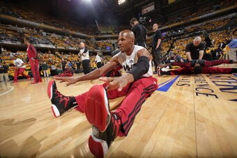 INDIANAPOLIS, IND - MAY 20: Ray Allen #34 of the Miami Heat warms up before Game Two of the Eastern Conference Finals against the Indiana Pacers during the 2014 NBA Playoffs at Bankers Life Fieldhouse on May 20, 2014 in Indianapolis, Indiana. NOTE TO USER