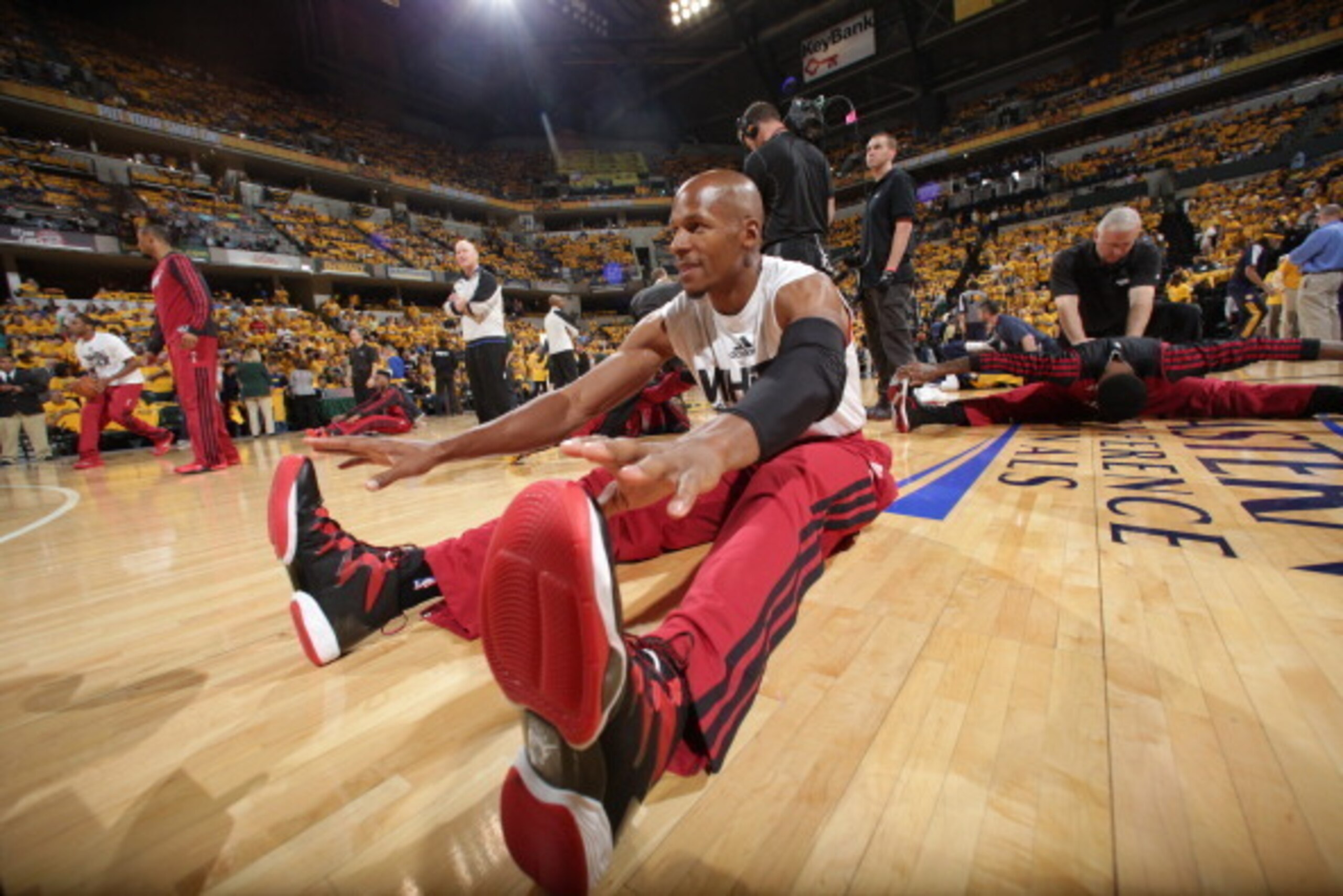 INDIANAPOLIS, IND - MAY 20: Ray Allen #34 of the Miami Heat warms up before Game Two of the Eastern Conference Finals against the Indiana Pacers during the 2014 NBA Playoffs at Bankers Life Fieldhouse on May 20, 2014 in Indianapolis, Indiana. NOTE TO USER