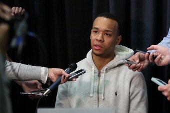 CHICAGO, IL - May 15:  NBA draft prospect Shabazz Napier answers questions during a media circuit at the 2014 Draft Combine on May 15, 2014 at Quest Multisport in Chicago, Illinois. NOTE TO USER:  User expressly acknowledges and agrees that, by downloadin