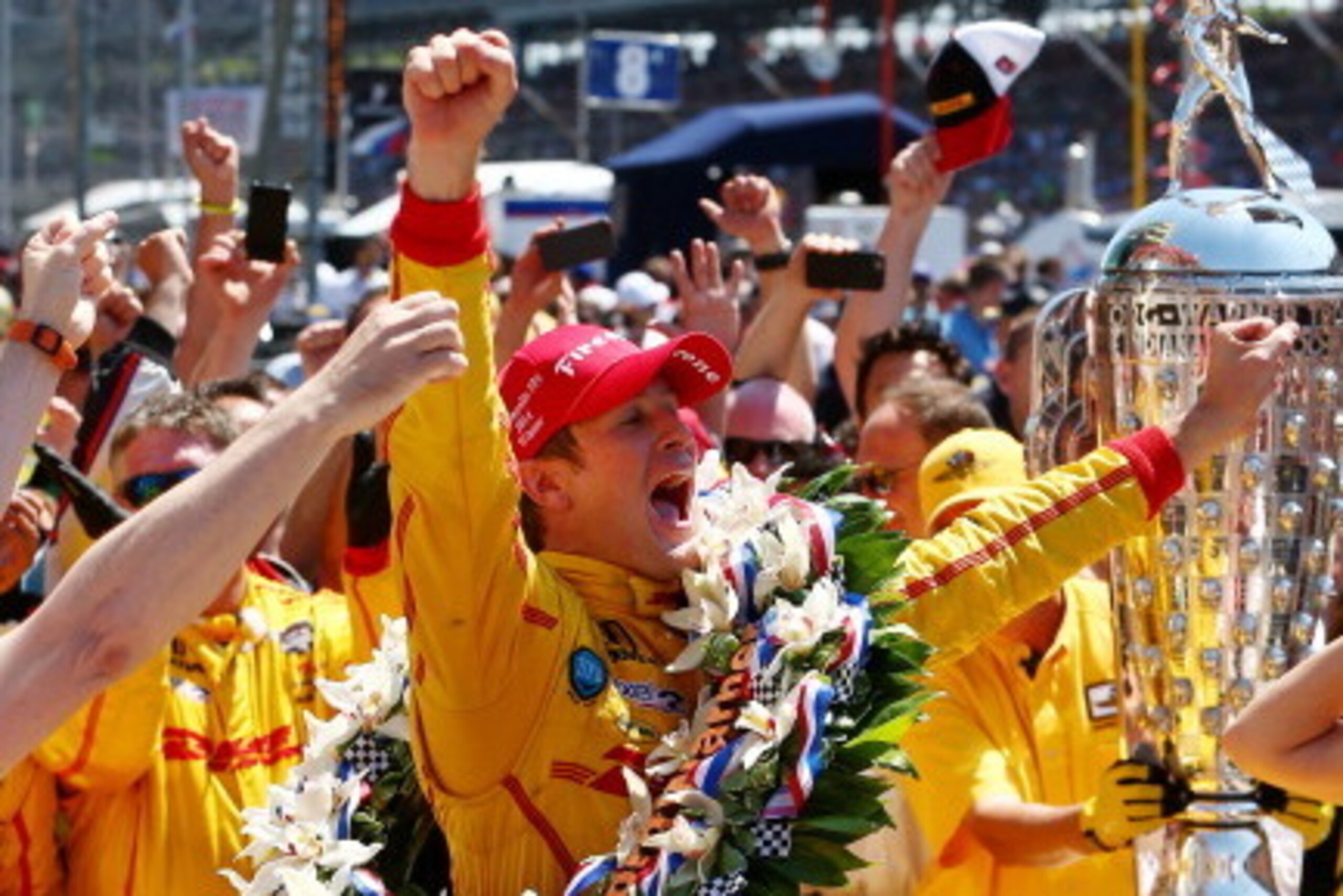 INDIANAPOLIS, IN - MAY 25:  Ryan Hunter-Reay, driver of the #28 DHL Andretti Autosport Honda Dallara, celebrates in Victory Lane after winning the 98th running of the Indianapolis 500 at Indianapolis Motorspeedway on May 25, 2014 in Indianapolis, Indiana.