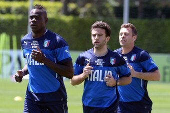 FLORENCE, ITALY - MAY 20:  (L-R)  Mario Balotelli, Giuseppe Rossi and Antonio Cassano of Italy during a training session at Coverciano on May 20, 2014 in Florence, Italy.  (Photo by Claudio Villa/Getty Images)