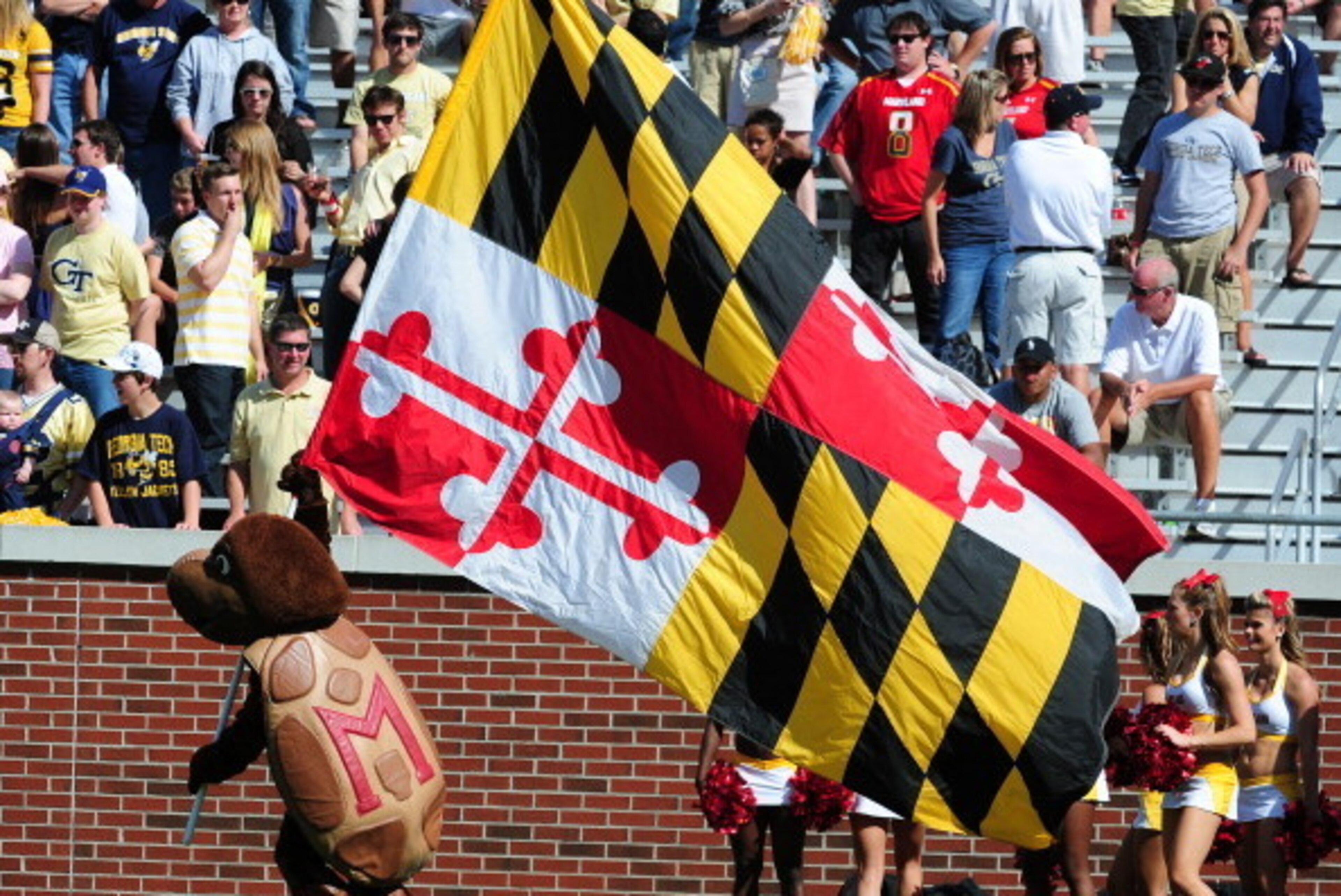 ATLANTA, GA - OCTOBER 8: A mascot from the Maryland Terrapins celebrates after a touchdown against the Georgia Tech Yellow Jackets at Bobby Dodd Stadium on October 8, 2011 in Atlanta, Georgia. Photo by Scott Cunningham/Getty Images) ATLANTA, GA - OCTOBER 8: A mascot from the Maryland Terrapins celebrates after a touchdown against the Georgia Tech Yellow Jackets at Bobby Dodd Stadium on October 8, 2011 in Atlanta, Georgia. Photo by Scott Cunningham/Getty Images)