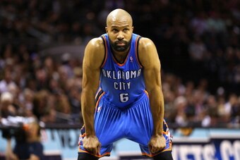 SAN ANTONIO, TX - MAY 19:  Derek Fisher #6 of the Oklahoma City Thunder looks on in the first half while taking on the San Antonio Spurs in Game One of the Western Conference Finals during the 2014 NBA Playoffs at AT&T Center on May 19, 2014 in San Antoni