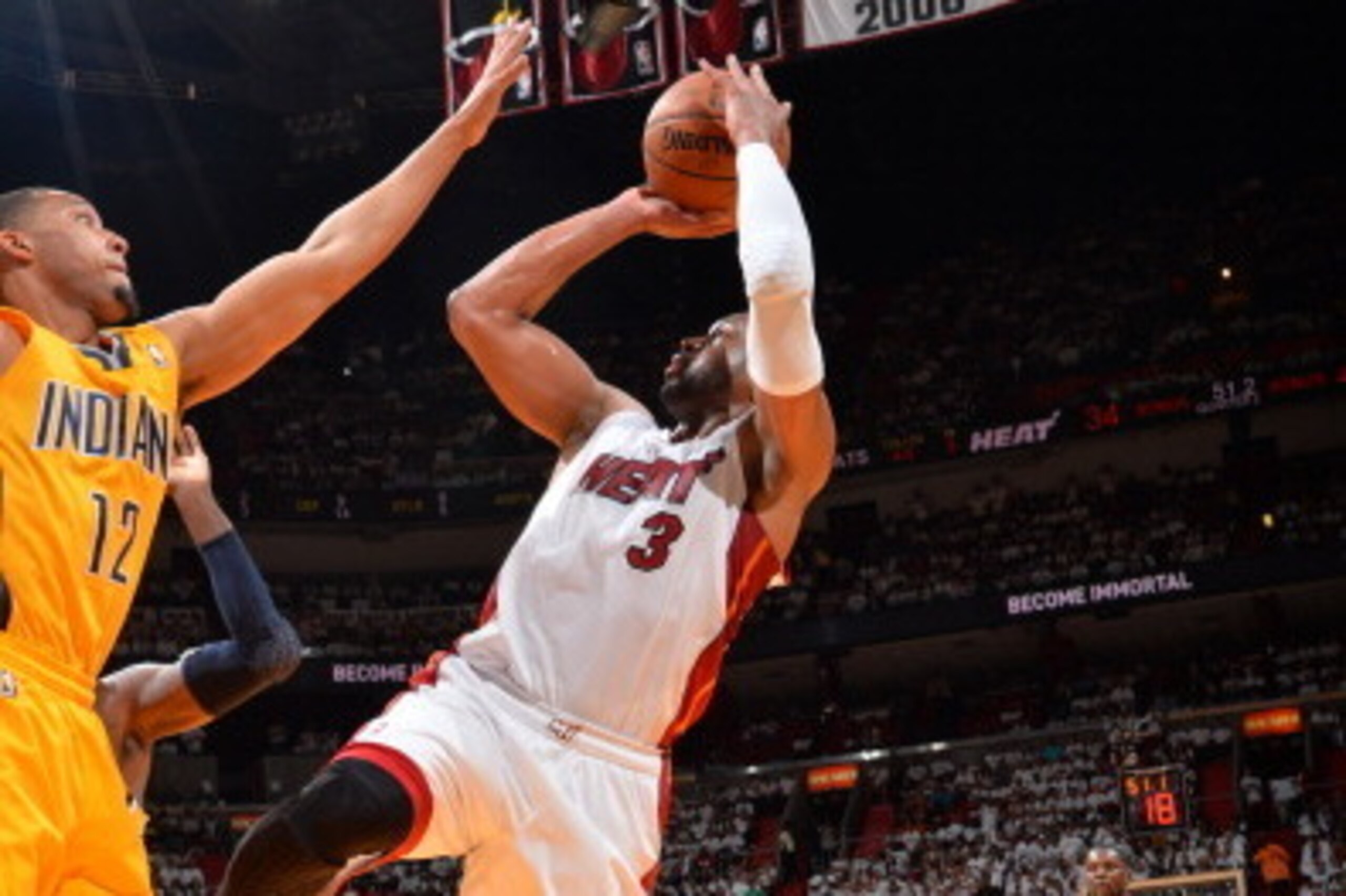 MIAMI, FL - MAY 24: Dwyane Wade #3 of the Miami Heat shoots the ball against the Indiana Pacers in Game Three of the Eastern Conference Semifinals during the 2014 NBA Playoffs on May 24, 2014 at American Airlines Arena in Miami, Florida. NOTE TO USER: Use
