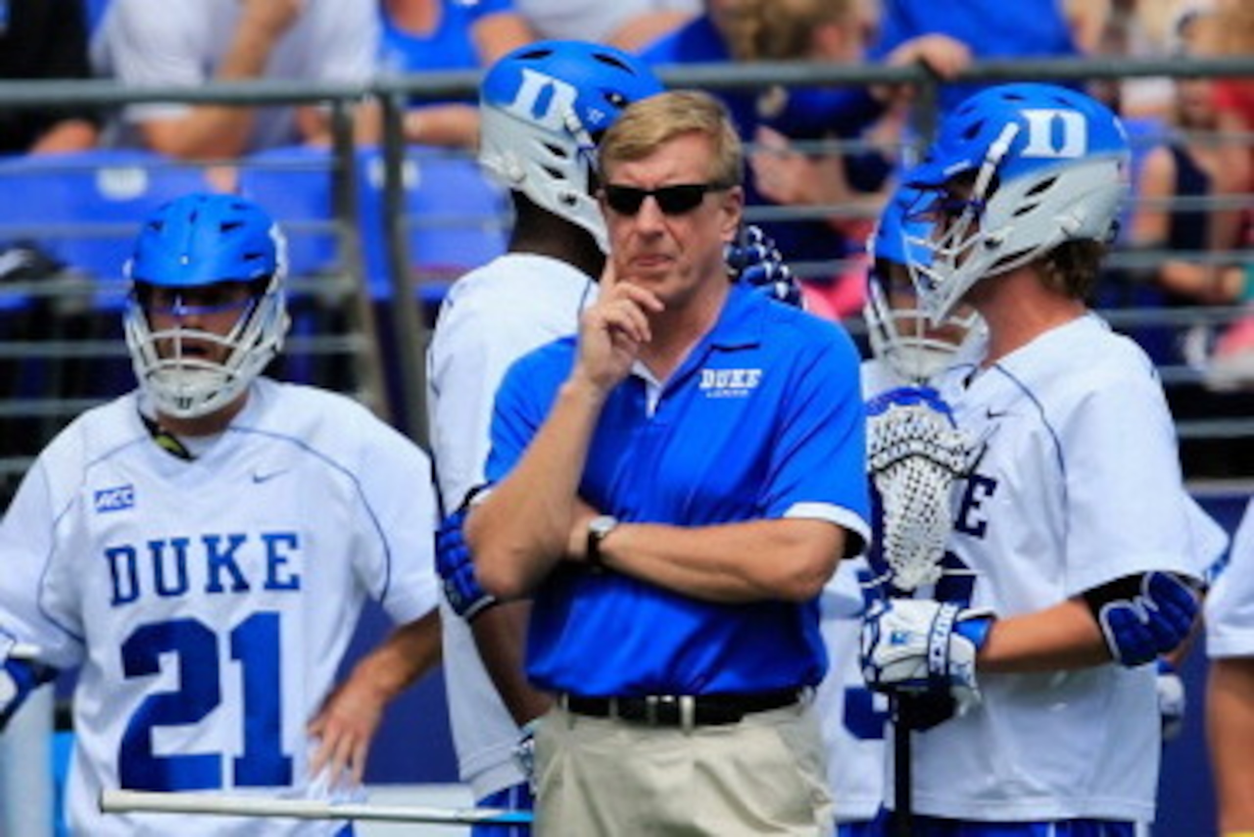 BALTIMORE, MD - MAY 24: Head coach John Danowski of the Duke Blue Devils looks on against the Denver Pioneers during the semifinals of the 2014 NCAA Division I Men's Lacrosse Championship at M&T Bank Stadium on May 24, 2014 in Baltimore, Maryland.  (Photo