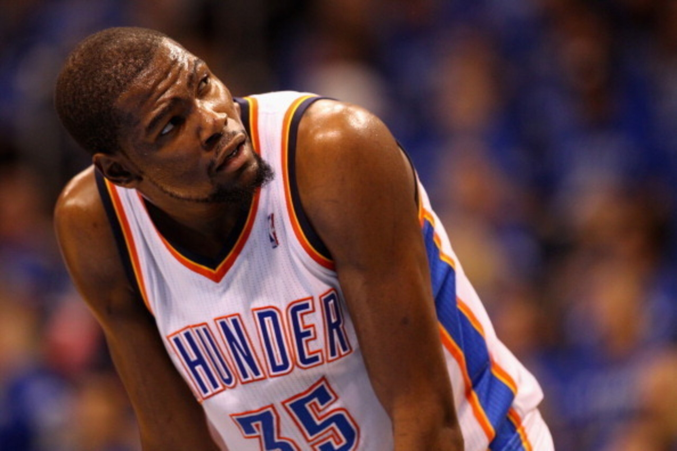 OKLAHOMA CITY, OK - MAY 25: Kevin Durant #35 of the Oklahoma City Thunder looks on in the fourth quarter against the San Antonio Spurs during Game Three of the Western Conference Finals of the 2014 NBA Playoffs at Chesapeake Energy Arena on May 25, 2014 i