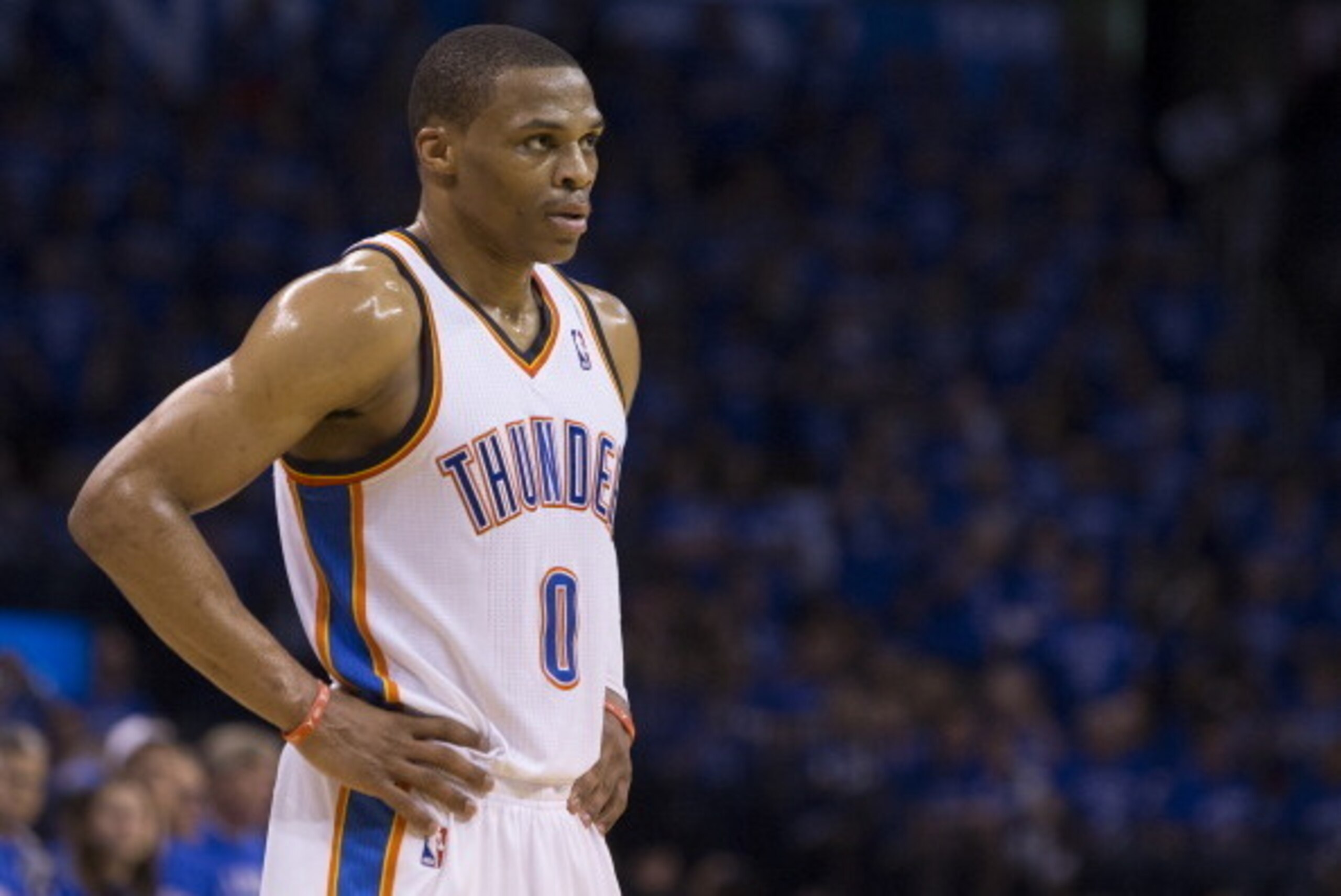 OKLAHOMA CITY, OK - May 25:  Russell Westbrook #0 of the Oklahoma City Thunder during the game against the San Antonio Spurs in Game 3 of the Western Conference Finals during the 2014 NBA Playoffs at the Chesapeake Arena on May 25, 2014 in Oklahoma City, 