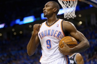 OKLAHOMA CITY, OK - MAY 25: Serge Ibaka #9 of the Oklahoma City Thunder reacts after a play in the third quarter against the San Antonio Spurs during Game Three of the Western Conference Finals of the 2014 NBA Playoffs at Chesapeake Energy Arena on May 25