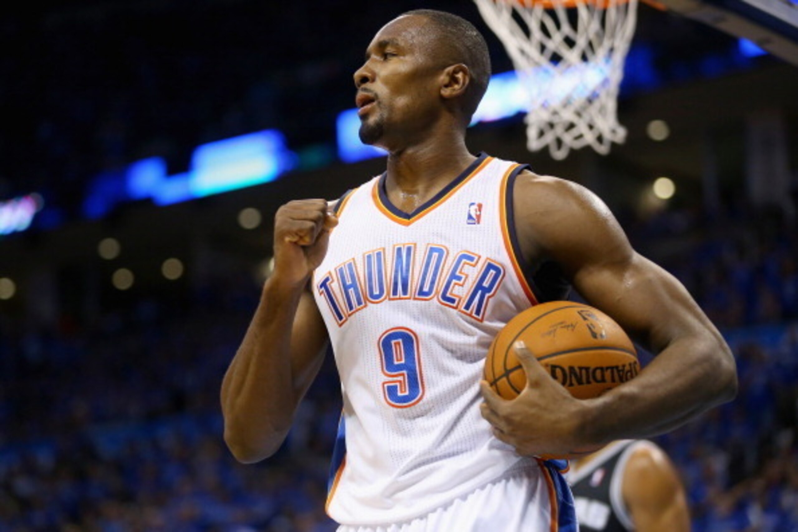 OKLAHOMA CITY, OK - MAY 25: Serge Ibaka #9 of the Oklahoma City Thunder reacts after a play in the third quarter against the San Antonio Spurs during Game Three of the Western Conference Finals of the 2014 NBA Playoffs at Chesapeake Energy Arena on May 25