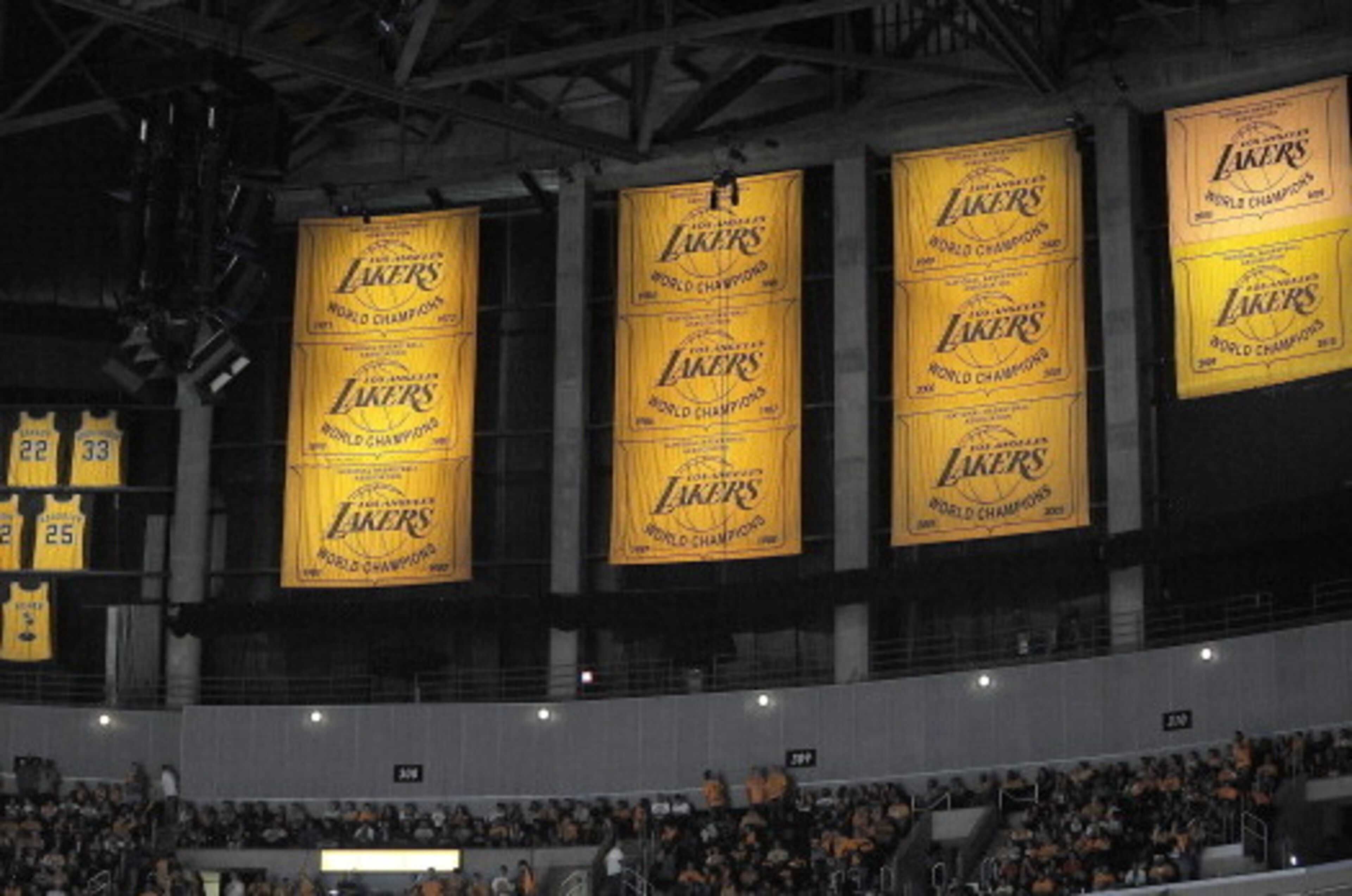 LOS ANGELES - OCTOBER 26:  The 2009-2010 Los Angeles Lakers Championship banner is displayed during the ring ceremony prior to the opening night game against the Houston Rockets at Staples Center on October 26, 2010 in Los Angeles, California. NOTE TO USE
