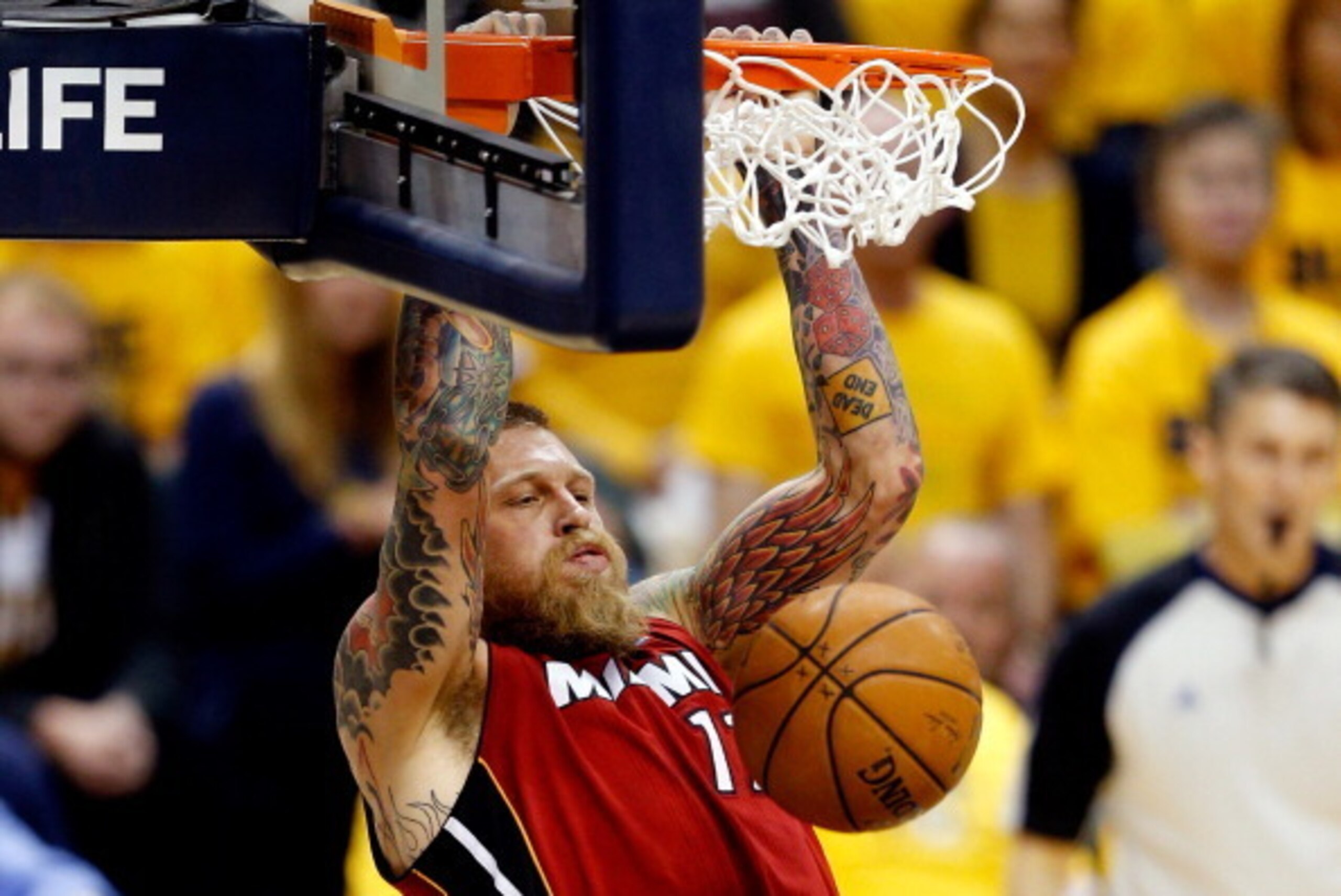 INDIANAPOLIS, IN - MAY 18:  Chris Andersen #11 of the Miami Heat dunks against the Indiana Pacers during Game One of the Eastern Conference Finals of the 2014 NBA Playoffs at Bankers Life Fieldhouse on May 18, 2014 in Indianapolis, Indiana. NOTE TO USER: 