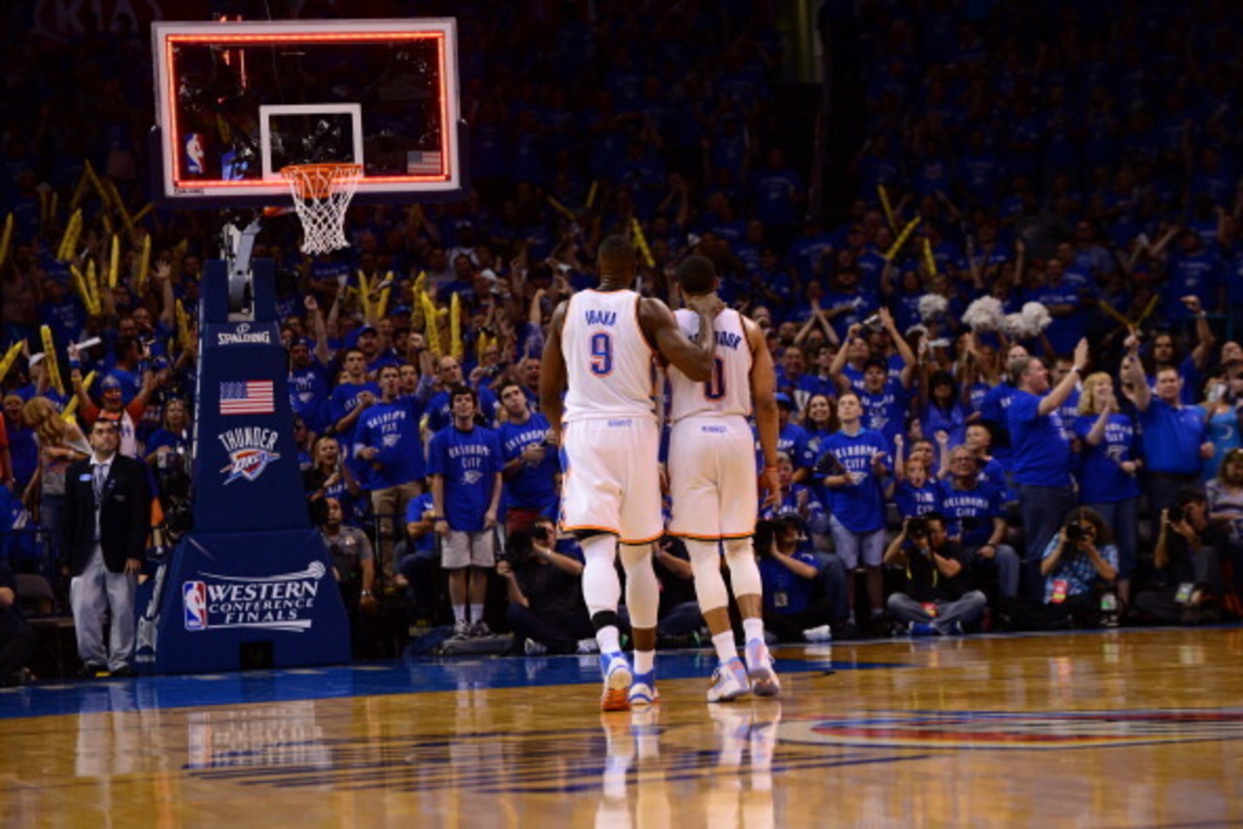 OKLAHOMA CITY, OK - MAY 25: Serge Ibaka #9 and Russell Westbrook #0 of the Oklahoma City Thunder on the court in Game Three of the Western Conference Finals against the San Antonio Spurs during the 2014 NBA Playoffs on May 25, 2014 at the Chesapeake Energ