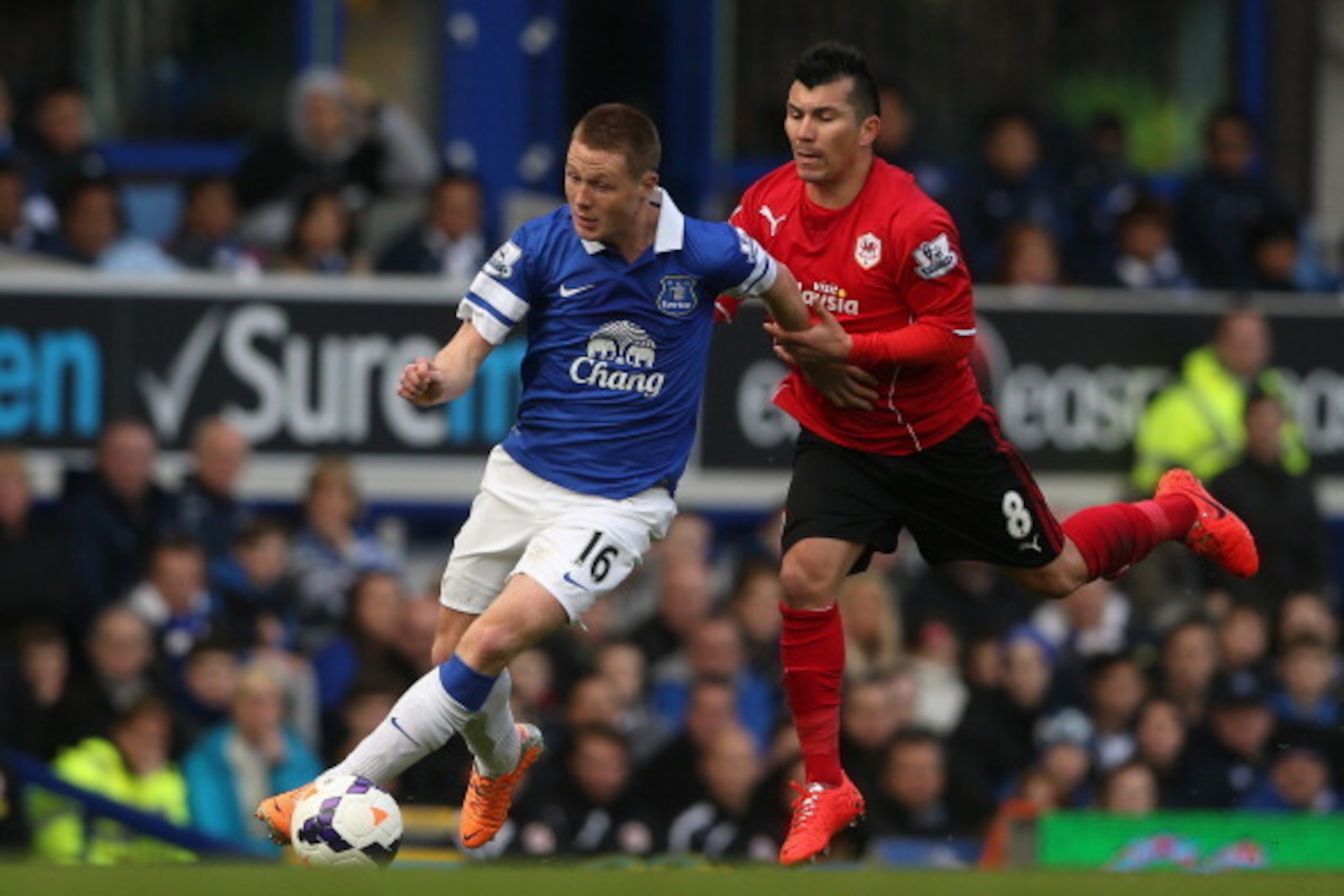 LIVERPOOL, ENGLAND - MARCH 15:   James McCarthy of Everton competes with Gary Medel of Cardiff City during the Barclays Premier League match between Everton and Cardiff City at Goodison Park on March 15, 2014 in Liverpool, England.  (Photo by Scott Heavey