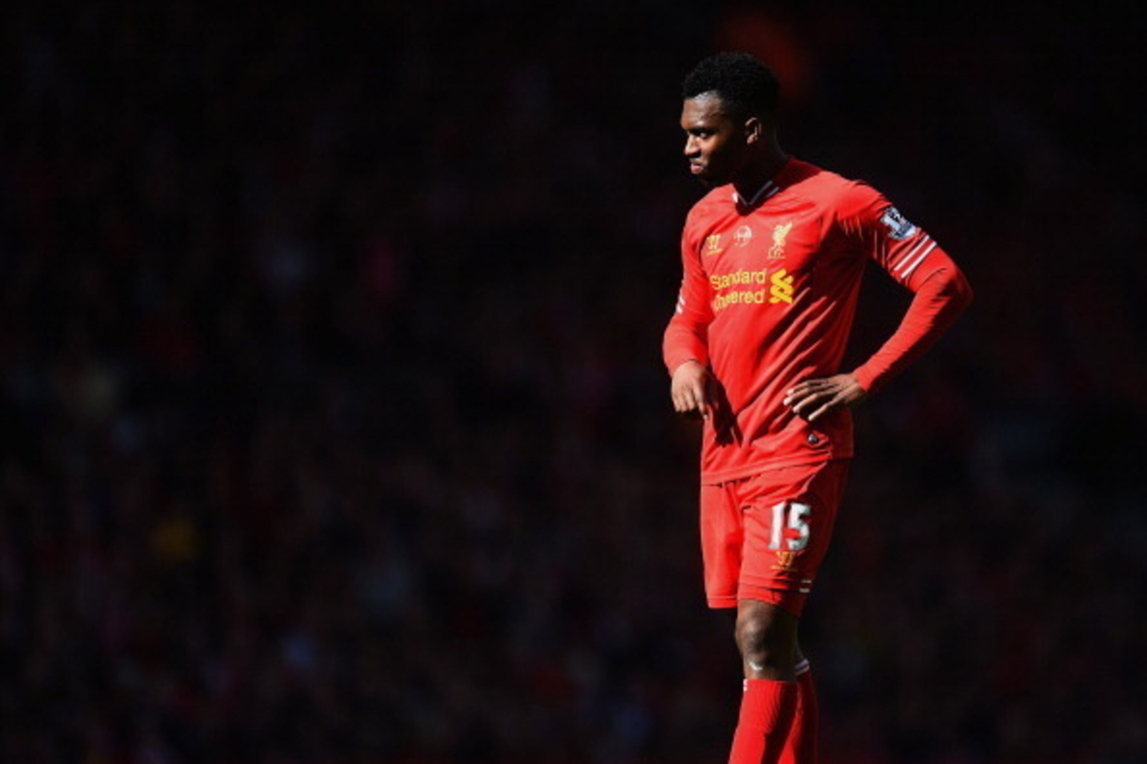 LIVERPOOL, ENGLAND - MAY 11:  Daniel Sturridge of Liverpool looks thoughtful during the Barclays Premier League match between Liverpool and Newcastle United at Anfield on May 11, 2014 in Liverpool, England.  (Photo by Laurence Griffiths/Getty Images)