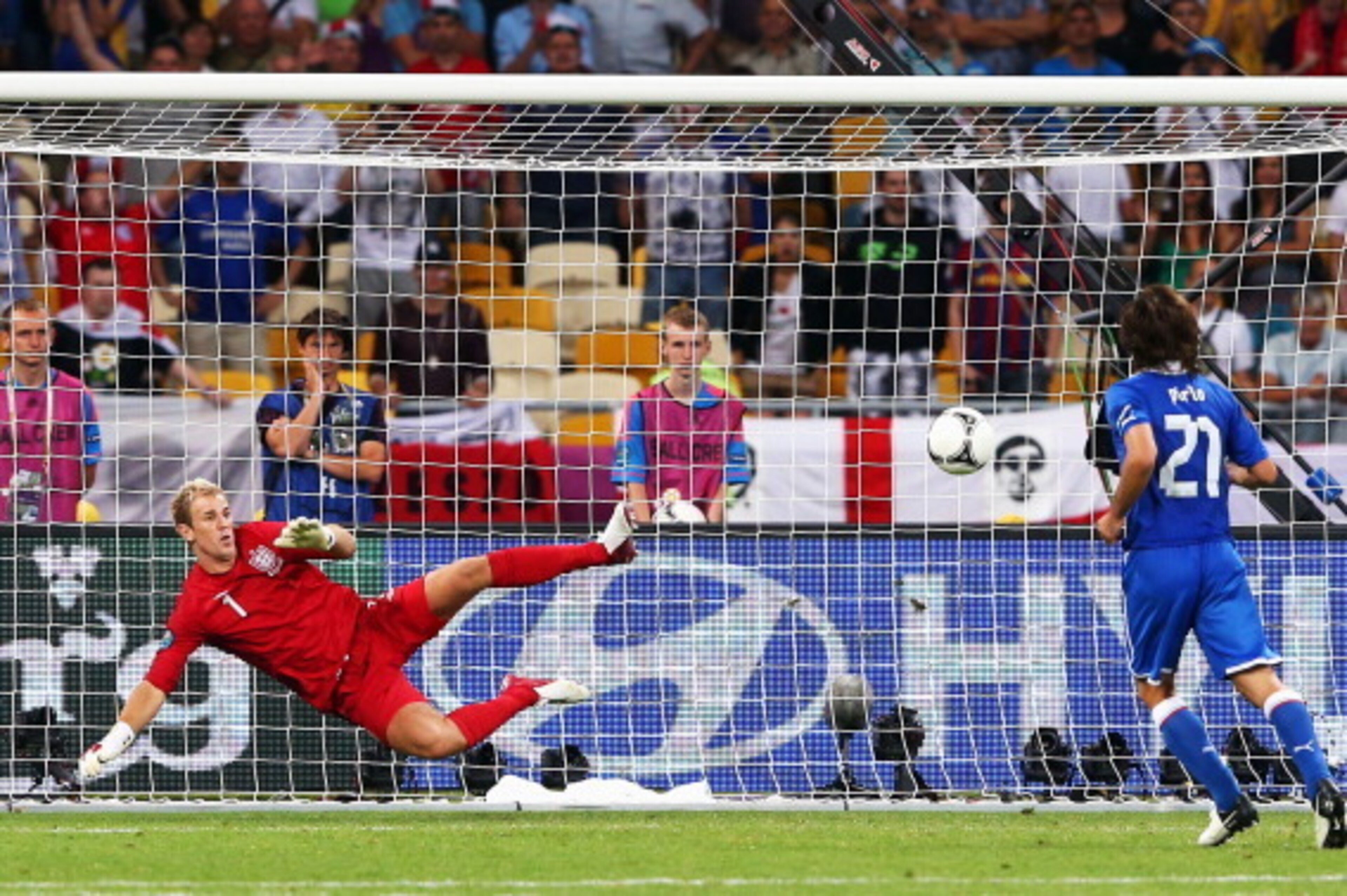 KIEV, UKRAINE - JUNE 24:  Andrea Pirlo of Italy chips the ball in the penalty shootout past Joe Hart of England during the UEFA EURO 2012 quarter final match between England and Italy at The Olympic Stadium on June 24, 2012 in Kiev, Ukraine.  (Photo by Al