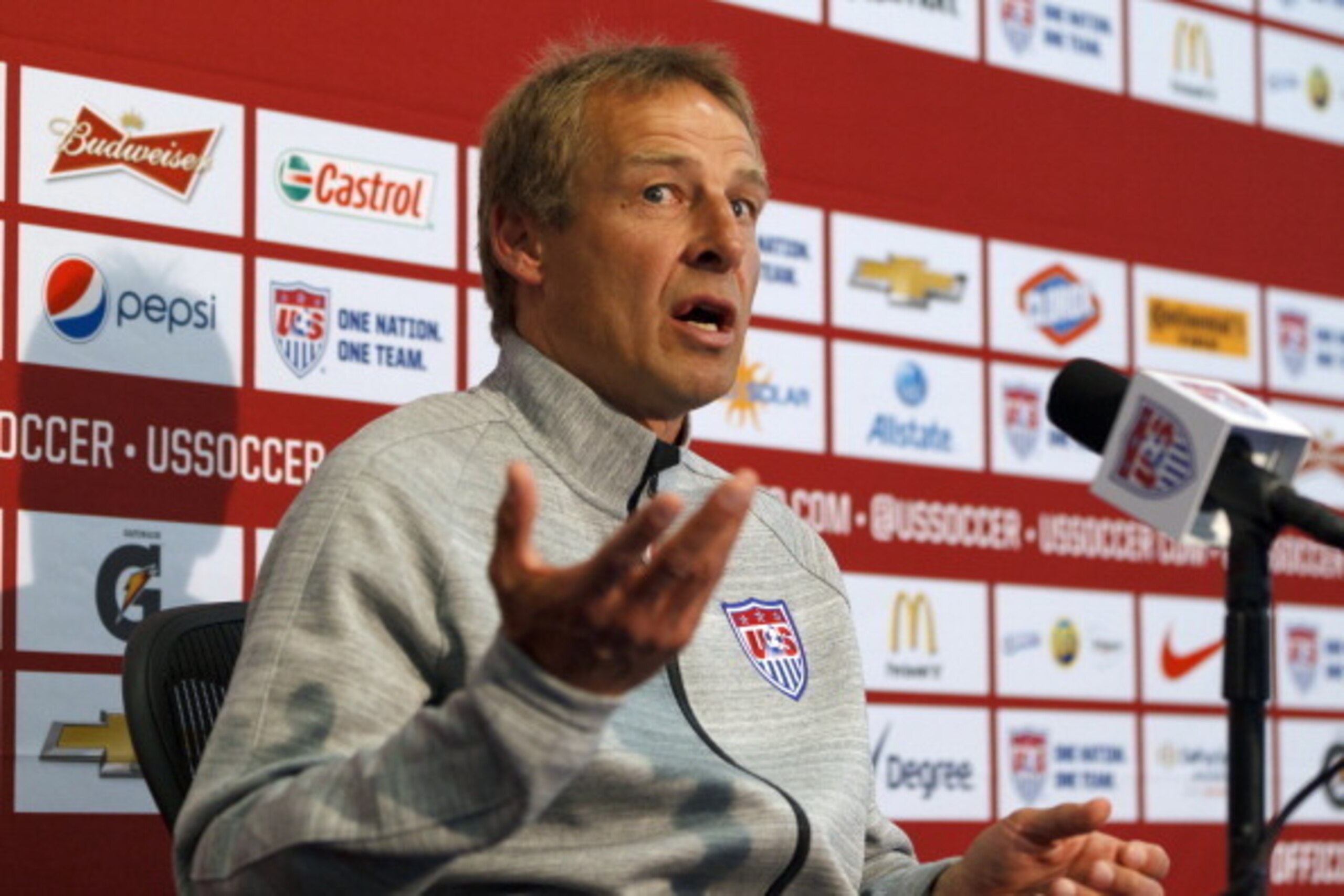 PALO ALTO, CA - MAY 23: U.S. Men's National Soccer Team Head Coach Jurgen Klinsmann speaks during a press conference at Stanford University on May 23, 2014 in Palo Alto, California. Klinsmann held the press conference to answer questions about his World PALO ALTO, CA - MAY 23: U.S. Men's National Soccer Team Head Coach Jurgen Klinsmann speaks during a press conference at Stanford University on May 23, 2014 in Palo Alto, California. Klinsmann held the press conference to answer questions about his World