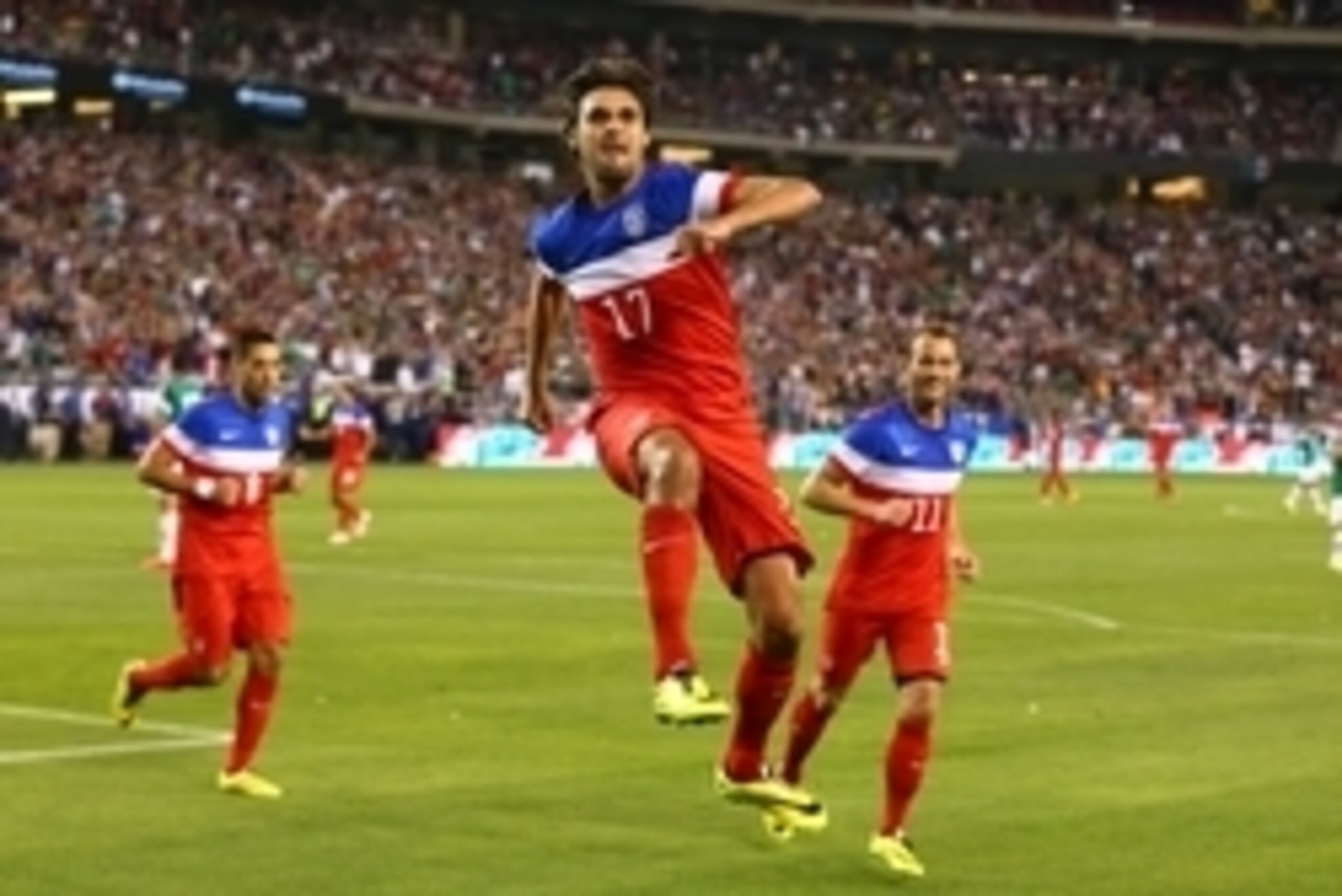 Apr 2, 2014; Glendale, AZ, USA; USA forward Chris Wondolowski (17) celebrates after scoring a goal in the first half against Mexico during a friendly match at University of Phoenix Stadium. Mandatory Credit: Mark J. Rebilas-USA TODAY Sports