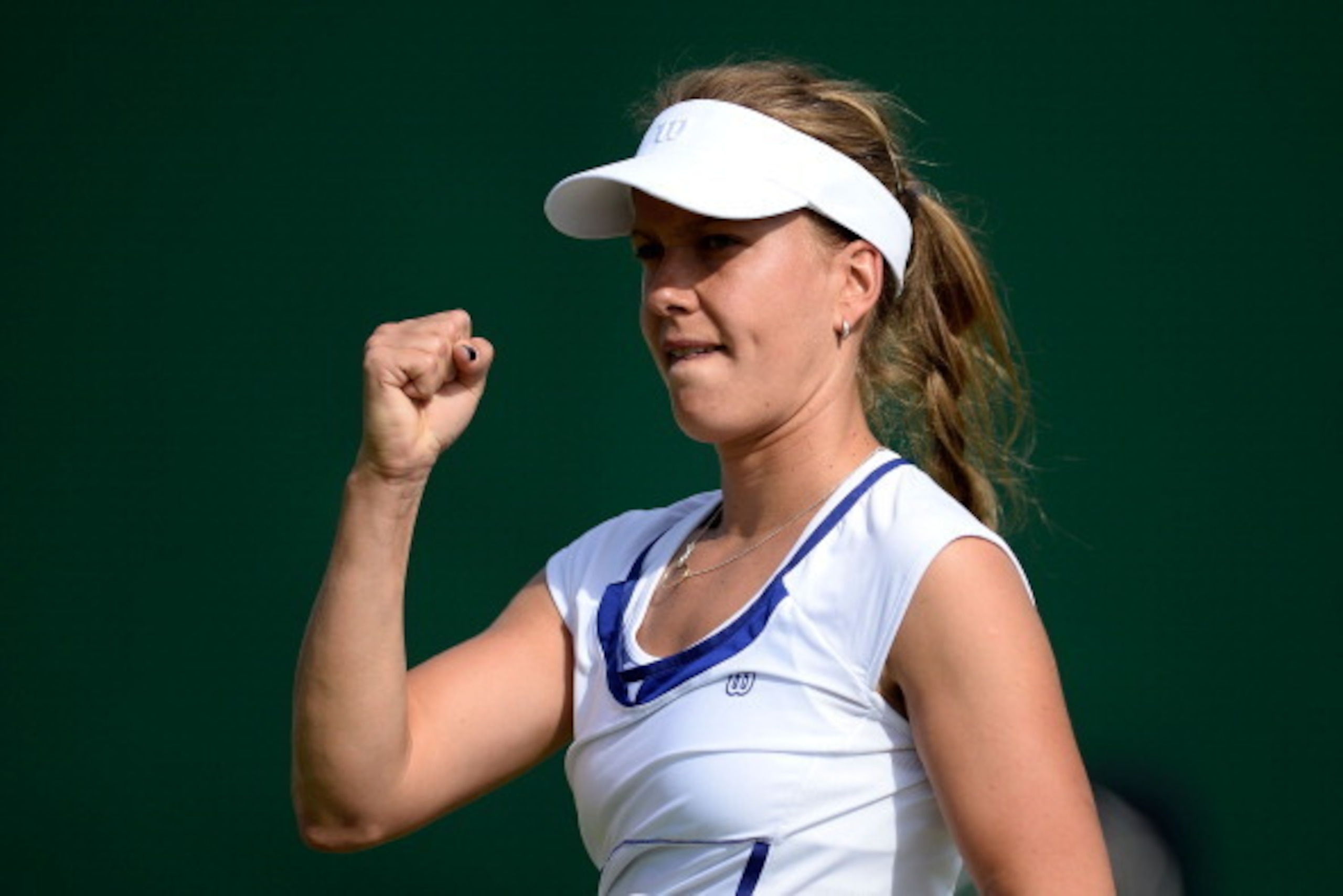 LONDON, ENGLAND - JUNE 29:  Barbora Zahlavova Strycova of Czech Republic celebrates a point during the Ladies' Doubles between Alize Cornet of France and Pauline Parmentier of France and Julia Goerges of Germany and Barbora Zahlavova Strycova of Czech Rep