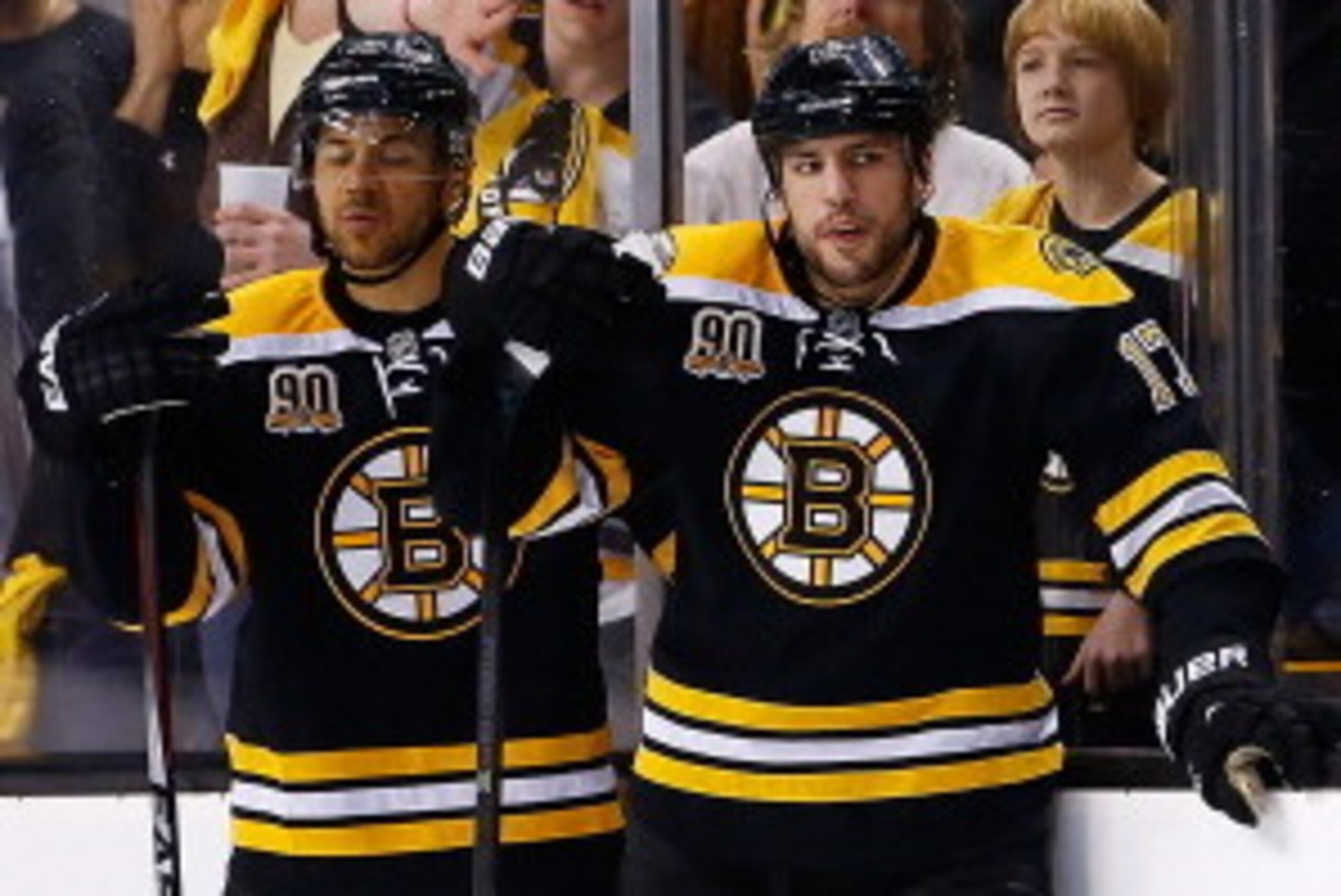 BOSTON, MA - MAY 03: Milan Lucic #17, Jarome Iginla #12, and David Krejci #46 of the Boston Bruins take a break during a reviewed play in the second period against the Montreal Canadiens in Game Two of the Second Round of the 2014 NHL Stanley Cup Playoffs
