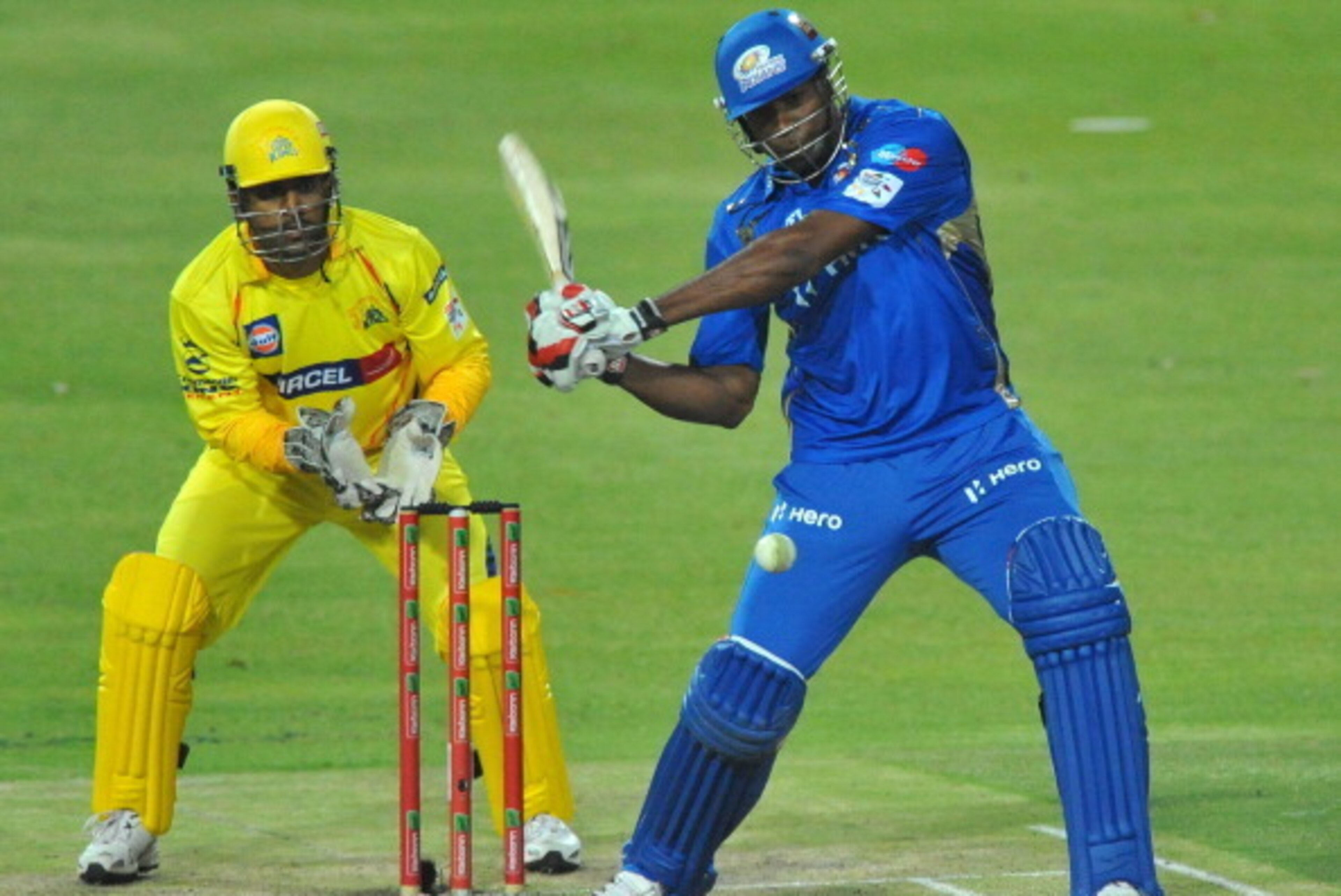 JOHANNESBURG, SOUTH AFRICA - OCTOBER 20: Kieron Pollard of Mumbai hits a six during the Karbonn Smart CLT20 match between Chennai Super Kings and Mumbai Indians at Bidvest Wanderers Stadium on October 20, 2012 in Johannesburg, South Africa. (Photo by Duif