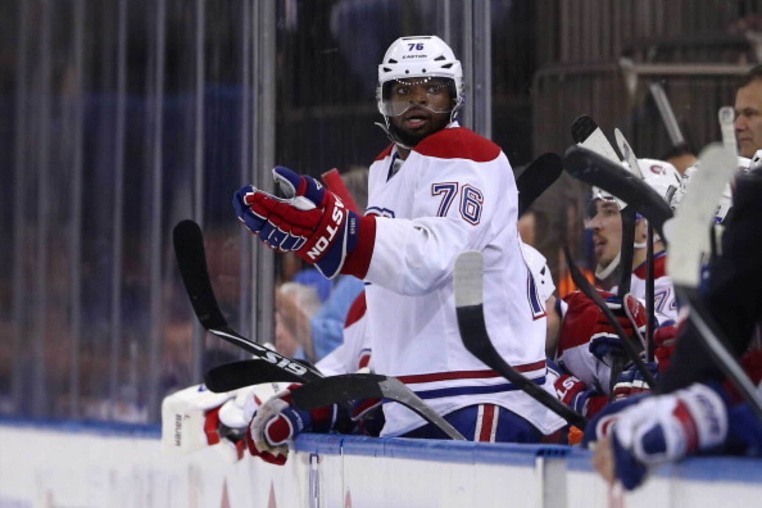 NEW YORK, NY - MAY 25:  P.K. Subban #76 of the Montreal Canadiens reacts from the bench against the New York Rangers during Game Four of the Eastern Conference Final in the 2014 NHL Stanley Cup Playoffs at Madison Square Garden on May 25, 2014 in New York