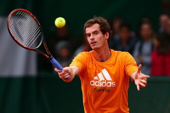 PARIS, FRANCE - MAY 24:  Andy Murray of Great Britain plays a shot during a practice session ahead of the French Open at Roland Garros on May 24, 2014 in Paris, France.  (Photo by Dan Istitene/Getty Images)