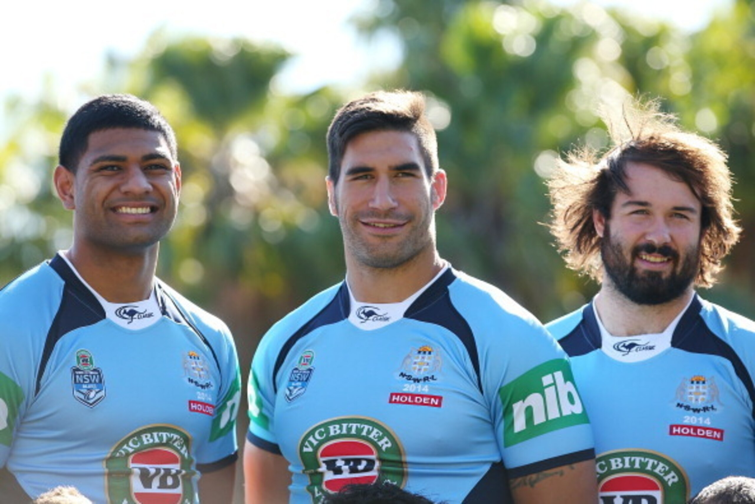 COFFS HARBOUR, AUSTRALIA - MAY 21:  Daniel Tupou, James Tamou and Aaron Woods pose during a New South Wales Blues State of Origin official team photo session at Novotel Coffs Harbour on May 21, 2014 in Coffs Harbour, Australia.  (Photo by Chris Hyde/Getty