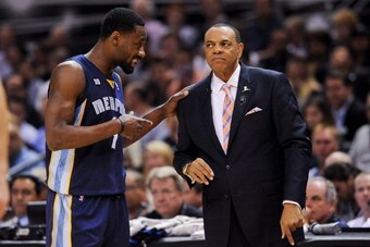 SAN ANTONIO, TX - MAY 21: Lionel Hollins of the Memphis Grizzlies listens to Tony Allen #9 while playing the San Antonio Spurs in Game Two of the Western Conference Finals during the 2013 NBA Playoffs on May 21, 2013 at the AT&T Center in San Antonio, Tex