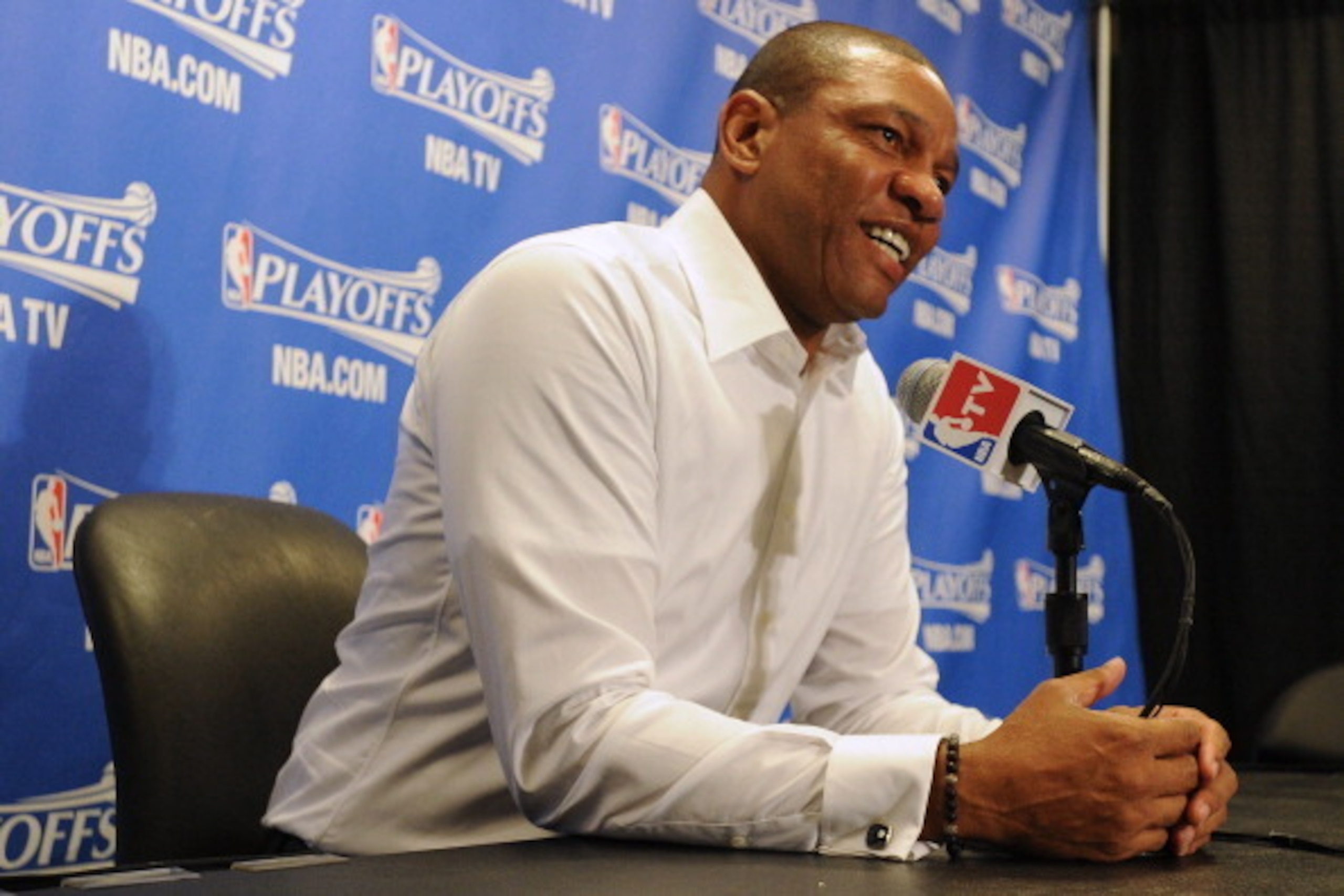 LOS ANGELES, CA - MAY 15: Doc Rivers of the Los Angeles Clippers talks to the media after Game Six of the Western Conference Semifinals against the Oklahoma City Thunder during the 2014 NBA Playoffs at Staples Center on May 15, 2014 in Los Angeles, Calif LOS ANGELES, CA - MAY 15: Doc Rivers of the Los Angeles Clippers talks to the media after Game Six of the Western Conference Semifinals against the Oklahoma City Thunder during the 2014 NBA Playoffs at Staples Center on May 15, 2014 in Los Angeles, Calif