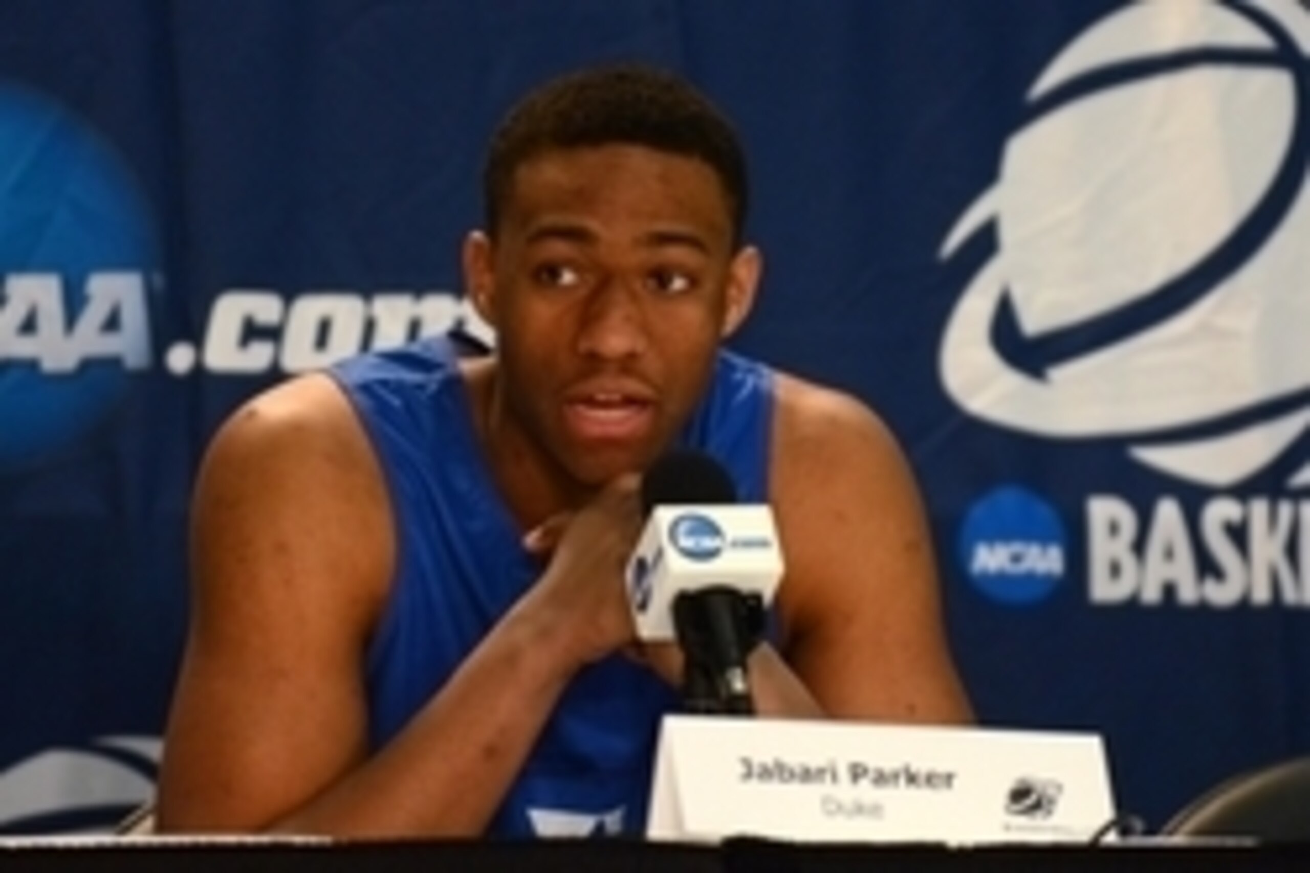 Mar 20, 2014; Raleigh, NC, USA; Duke Blue Devils forward Jabari Parker (1) speaks during a press conference during practice before the second round of the 2014 NCAA Tournament at PNC Arena. Mandatory Credit: Rob Kinnan-USA TODAY Sports Mar 20, 2014; Raleigh, NC, USA; Duke Blue Devils forward Jabari Parker (1) speaks during a press conference during practice before the second round of the 2014 NCAA Tournament at PNC Arena. Mandatory Credit: Rob Kinnan-USA TODAY Sports