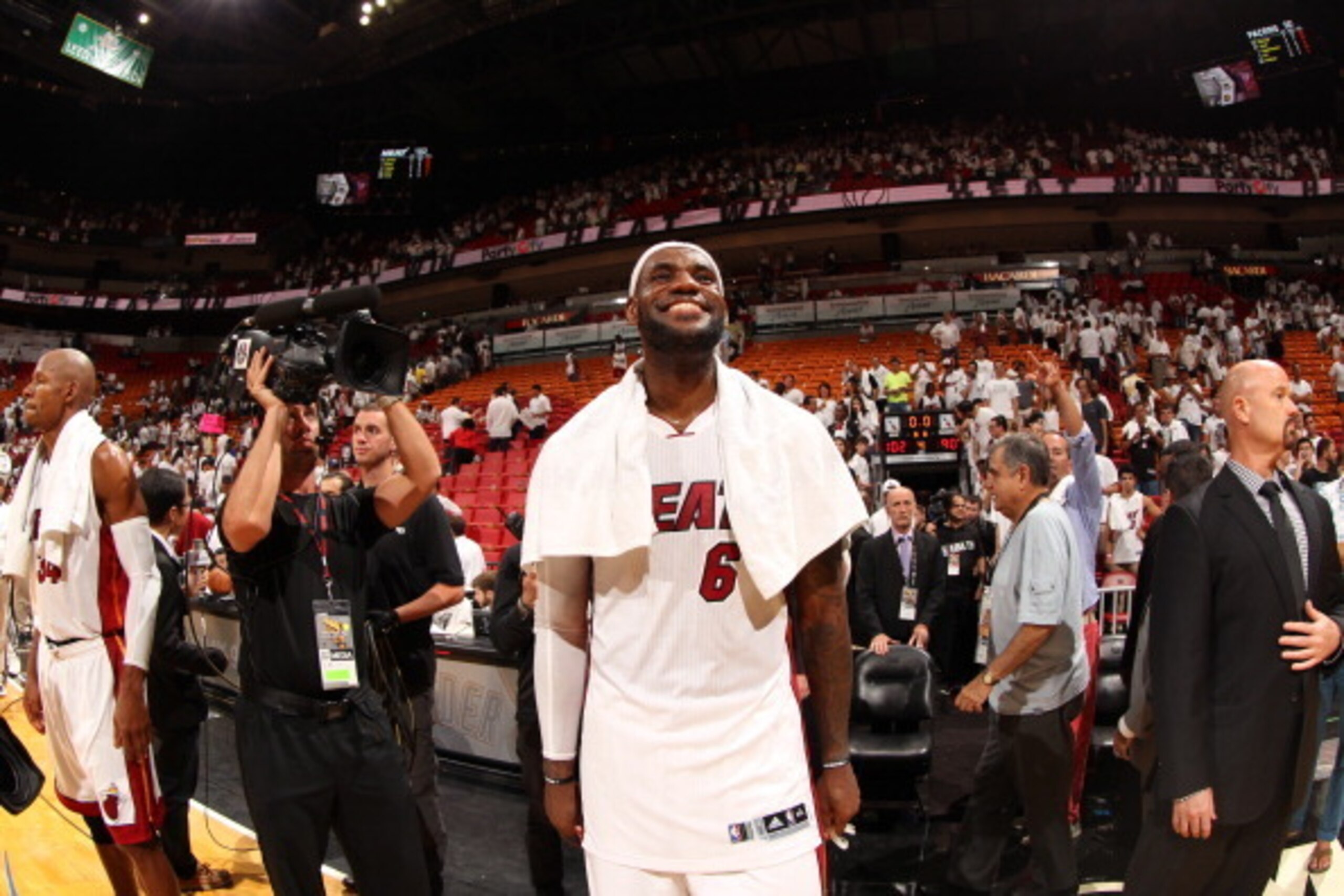 MIAMI, FL - May 26: LeBron James #6 of the Miami Heat smiles after Game Four of the Eastern Conference Finals against the Indiana Pacers during the 2014 NBA Playoffs at the American Airlines Arena in Miami, Florida on May 26, 2014. NOTE TO USER: User expr