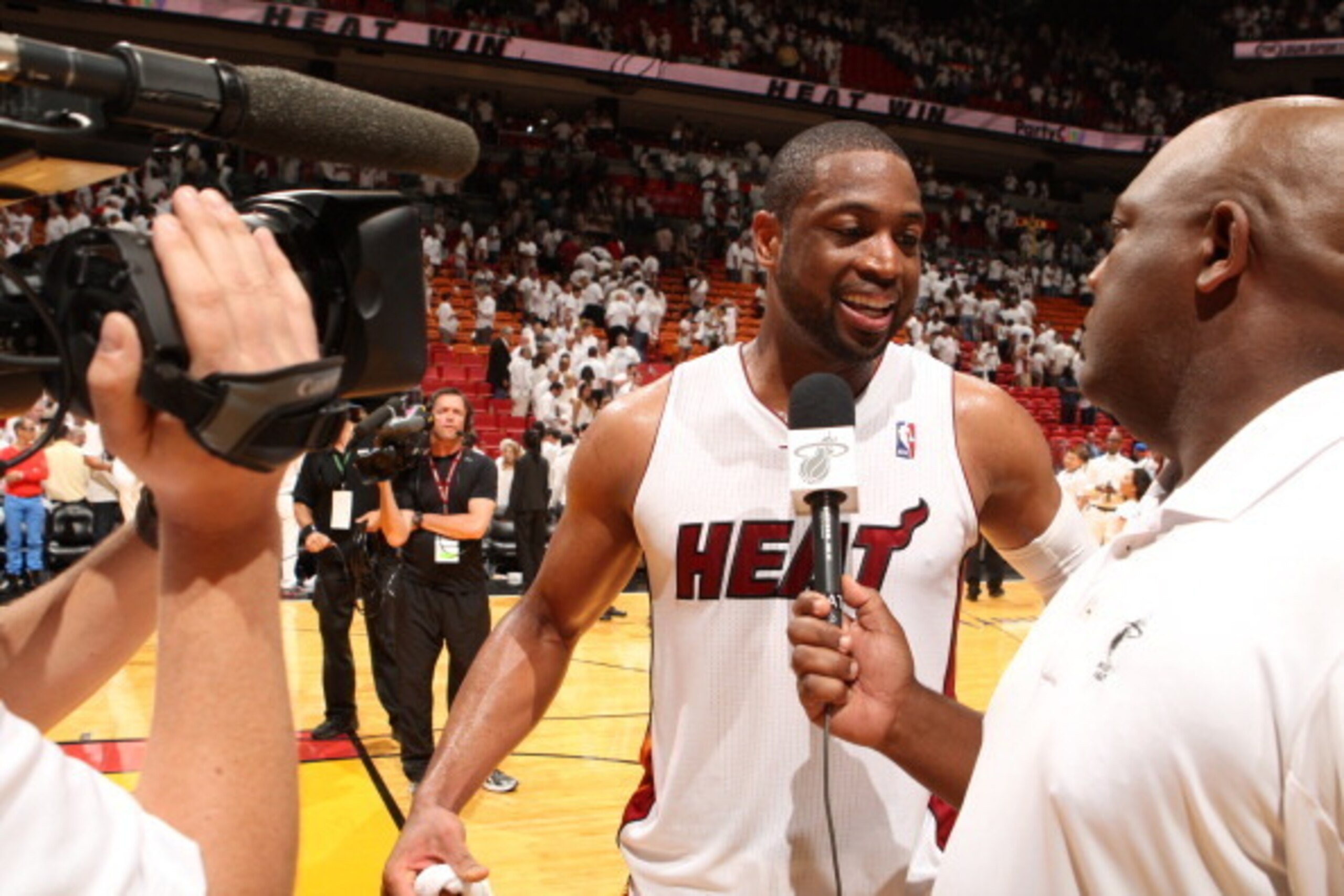 MIAMI, FL - May 26: Dwyane Wade #3 of the Miami Heat is interviewed after Game Four of the Eastern Conference Finals against the Indiana Pacers during the 2014 NBA Playoffs at the American Airlines Arena in Miami, Florida on May 26, 2014. NOTE TO USER: Us