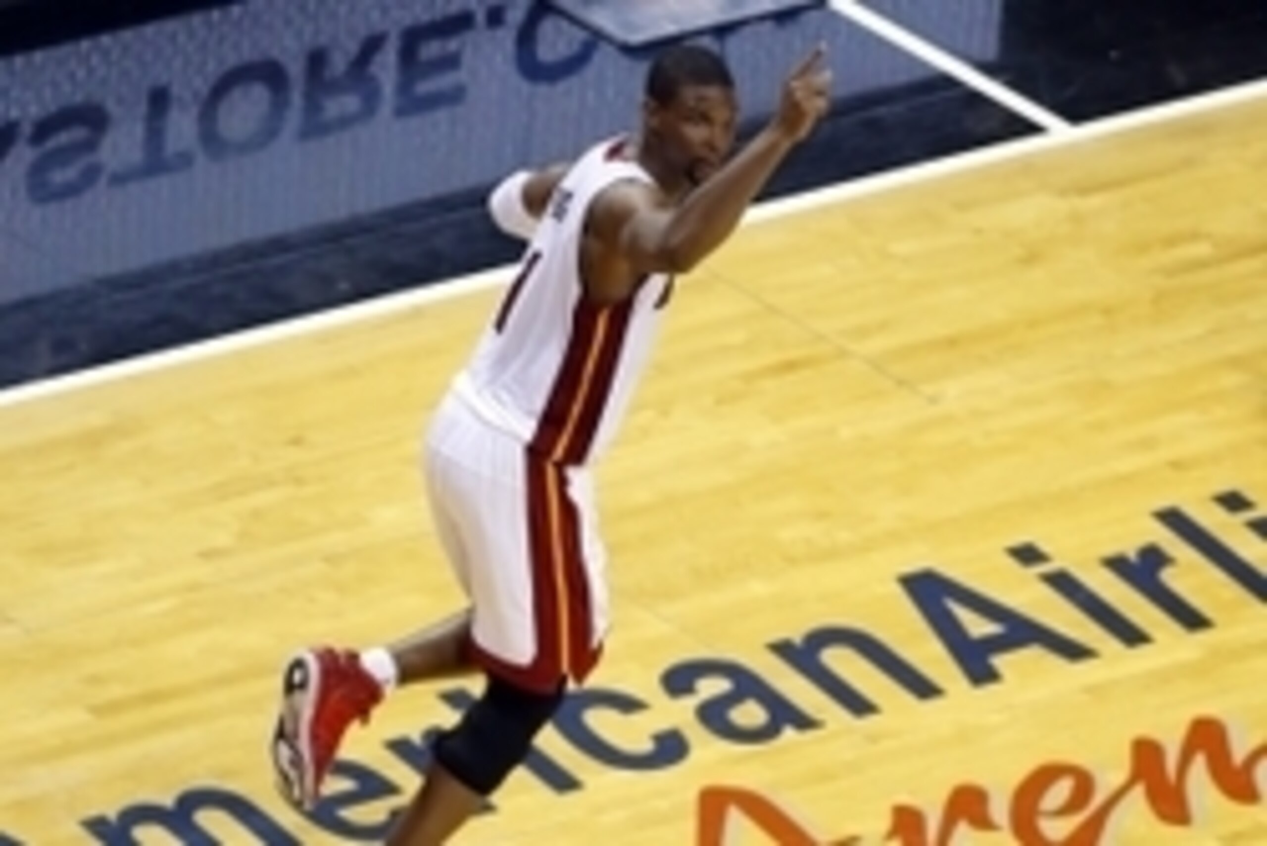 May 26, 2014; Miami, FL, USA; Miami Heat center Chris Bosh (1) reacts against the Indiana Pacers in game four of the Eastern Conference Finals of the 2014 NBA Playoffs at American Airlines Arena. Mandatory Credit: Robert Mayer-USA TODAY Sports