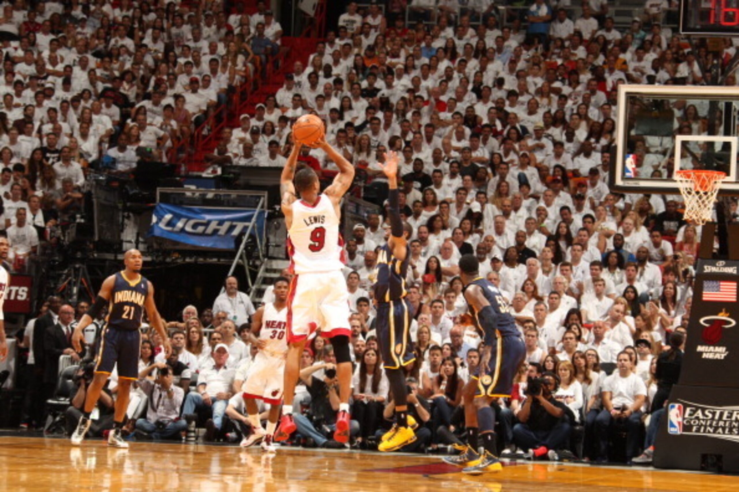 MIAMI, FL - May 26: Rashard Lewis #9 of the Miami Heat shoots against the Indiana Pacers in Game Four of the Eastern Conference Finals during the 2014 NBA Playoffs at the American Airlines Arena in Miami, Florida on May 26, 2014. NOTE TO USER: User expres