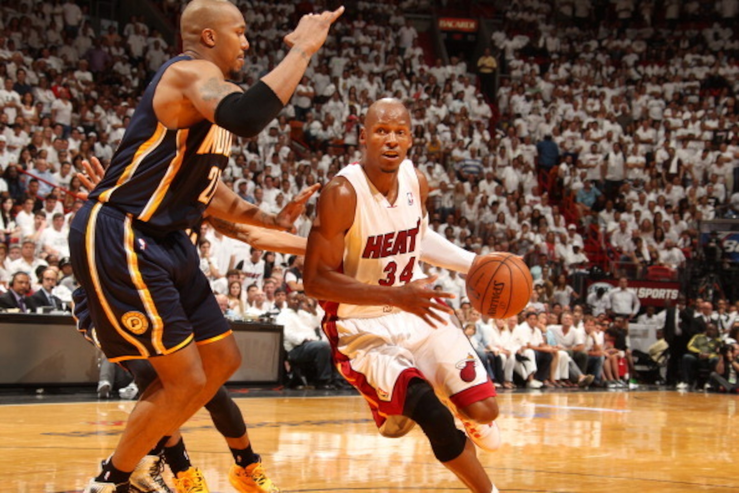 MIAMI, FL - May 26: Ray Allen #34 of the Miami Heat drives to the basket against the Indiana Pacers in Game Four of the Eastern Conference Finals during the 2014 NBA Playoffs at the American Airlines Arena in Miami, Florida on May 26, 2014. NOTE TO USER: 
