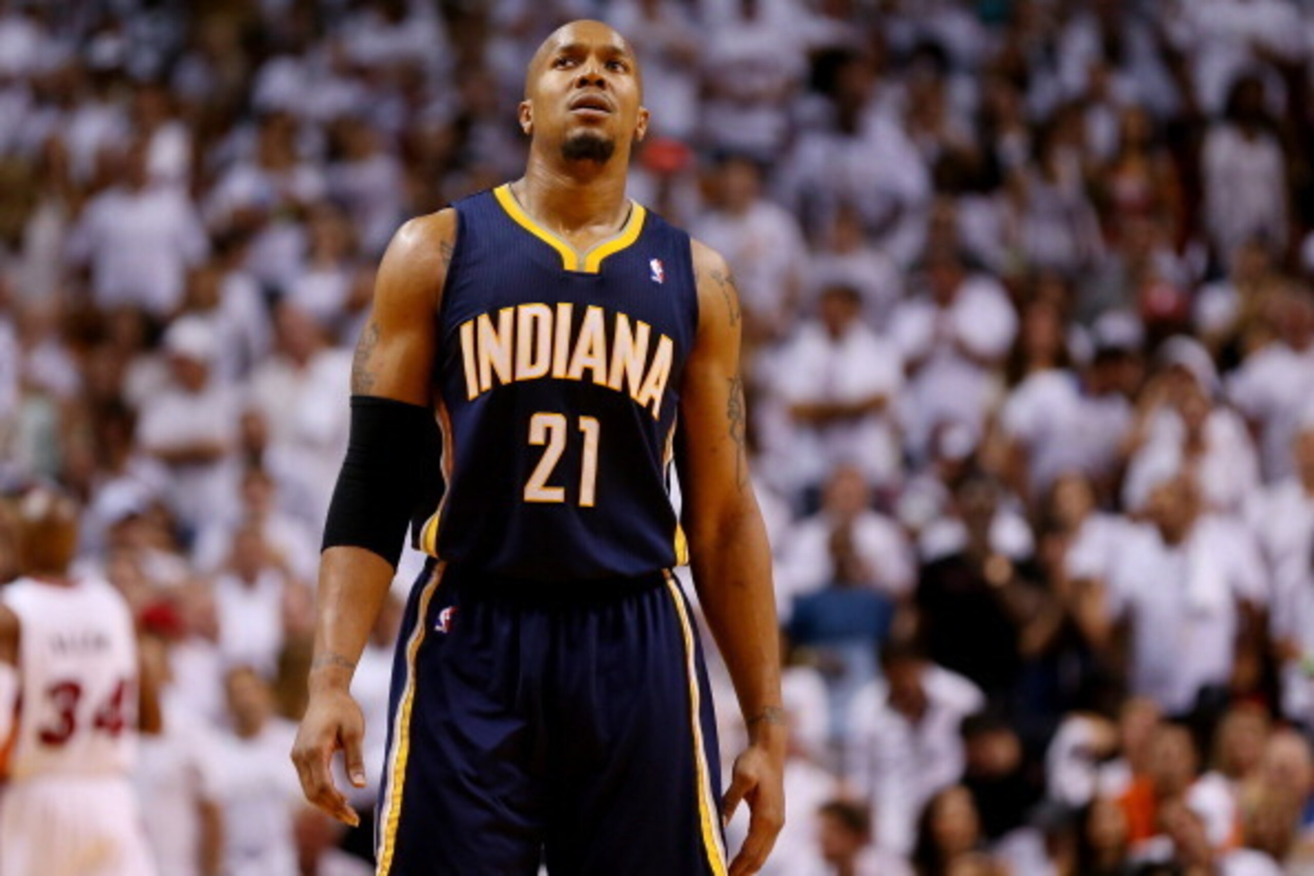 MIAMI, FL - MAY 26:  David West #21 of the Indiana Pacers looks on against the Miami Heat during Game Four of the Eastern Conference Finals of the 2014 NBA Playoffs at American Airlines Arena on May 26, 2014 in Miami, Florida. NOTE TO USER: User expressly