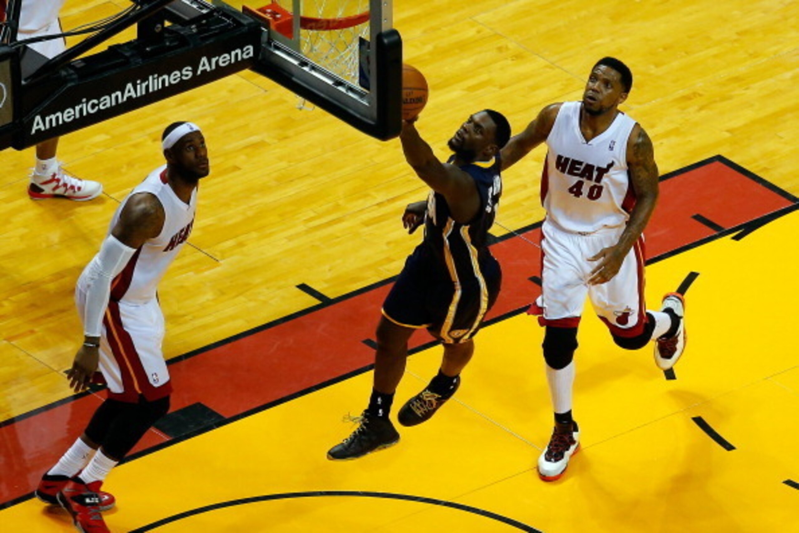 MIAMI, FL - MAY 26:  Lance Stephenson #1 of the Indiana Pacers goes to the basket against the Miami Heat during Game Four of the Eastern Conference Finals of the 2014 NBA Playoffs at American Airlines Arena on May 26, 2014 in Miami, Florida. NOTE TO USER: