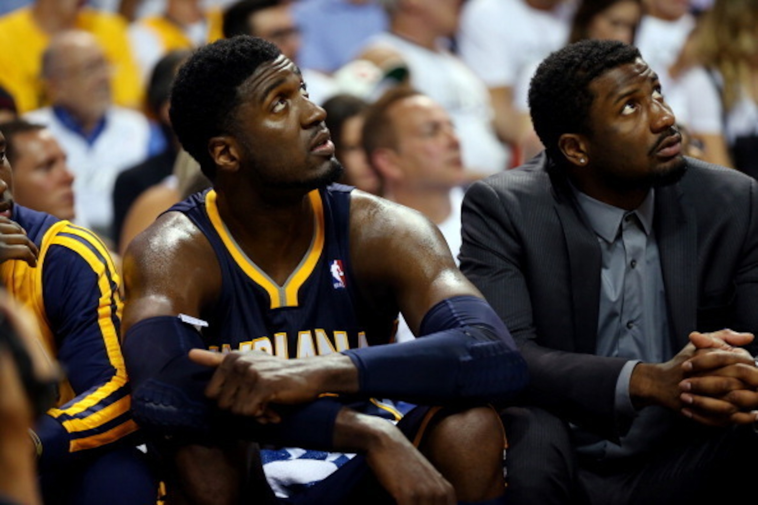 MIAMI, FL - MAY 26:  Roy Hibbert #55 of the Indiana Pacers looks on from the bench against the Miami Heat during Game Four of the Eastern Conference Finals of the 2014 NBA Playoffs at American Airlines Arena on May 26, 2014 in Miami, Florida. NOTE TO USER