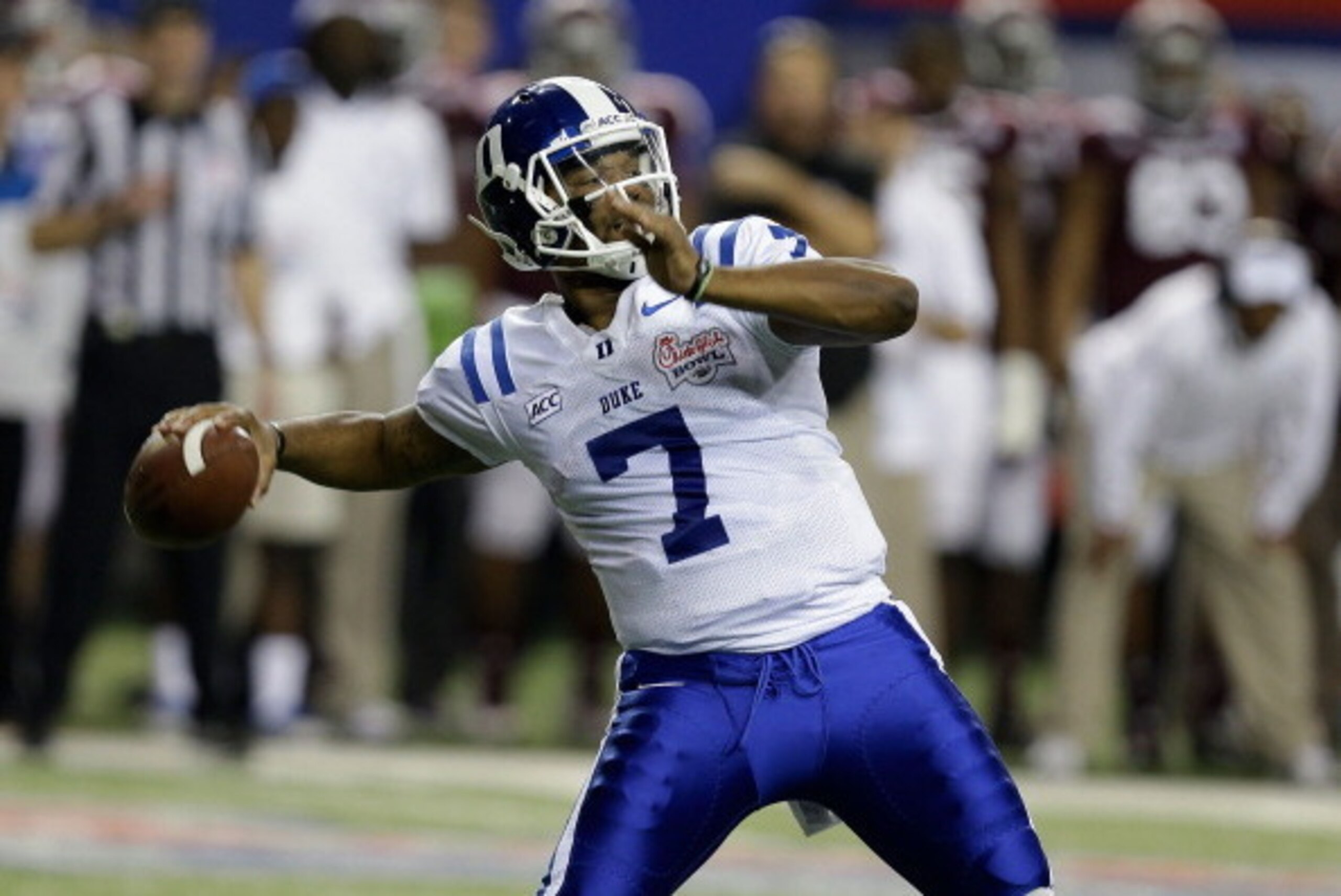 ATLANTA, GA - DECEMBER 31:  Quarterback Anthony Boone #7 of the Duke Blue Devils throws a pass during the Chick-fil-A Bowl game against the Texas A&M Aggies at the Georgia Dome on December 31, 2013 in Atlanta, Georgia.  (Photo by Mike Zarrilli/Getty Image