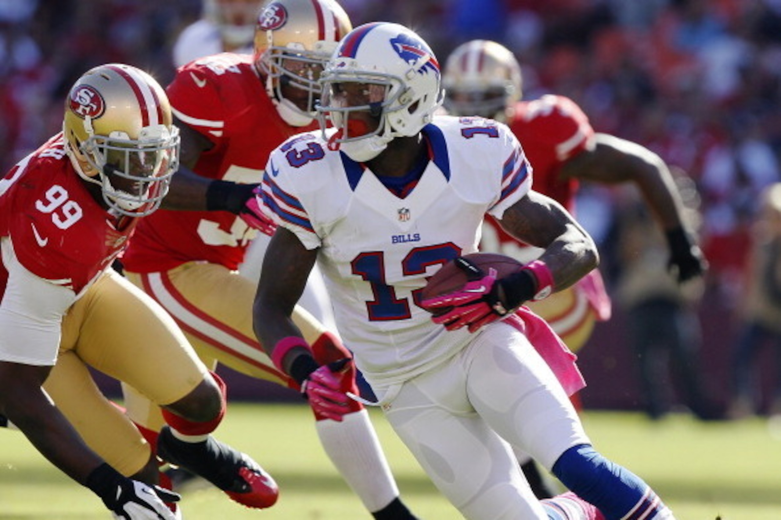 SAN FRANCISCO, CA - OCTOBER 7: Wide receiver Stevie Johnson #13 of the Buffalo Bills catches a pass against linebacker Aldon Smith #99 of the San Francisco 49ers on October 7, 2012 at Candlestick Park in San Francisco, California. The 49ers won 45-3. (P SAN FRANCISCO, CA - OCTOBER 7: Wide receiver Stevie Johnson #13 of the Buffalo Bills catches a pass against linebacker Aldon Smith #99 of the San Francisco 49ers on October 7, 2012 at Candlestick Park in San Francisco, California. The 49ers won 45-3. (P