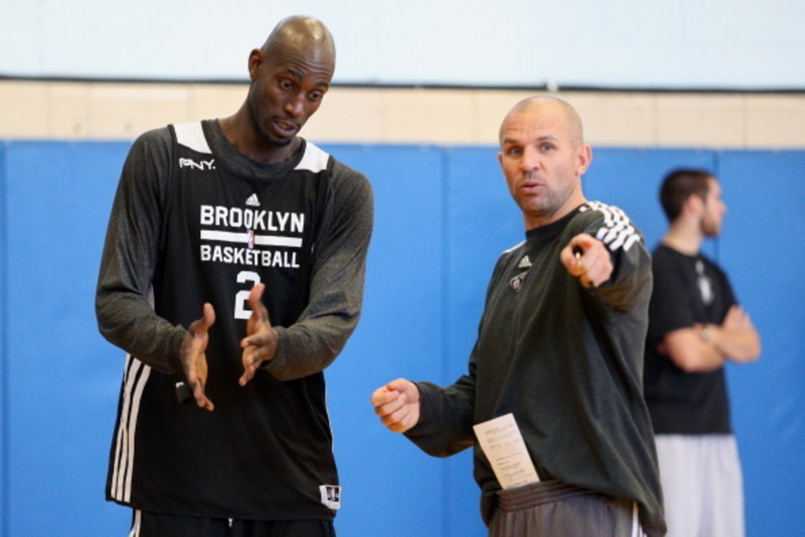 BROOKLYN, NY - November 11:  Kevin Garnett #2 and Jason Kidd of the Brooklyn Nets during a team event in celebration of Veterans Day at Ft. Hamilton, Brooklyn on November 11, 2013 in the Brooklyn borough of New York City.  NOTE TO USER: User expressly ack