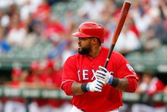 May 9, 2014; Arlington, TX, USA; Texas Rangers first baseman Prince Fielder (84) at bat against the Boston Red Sox at  Global Life Park in Arlington. Mandatory Credit: Matthew Emmons-USA TODAY Sports